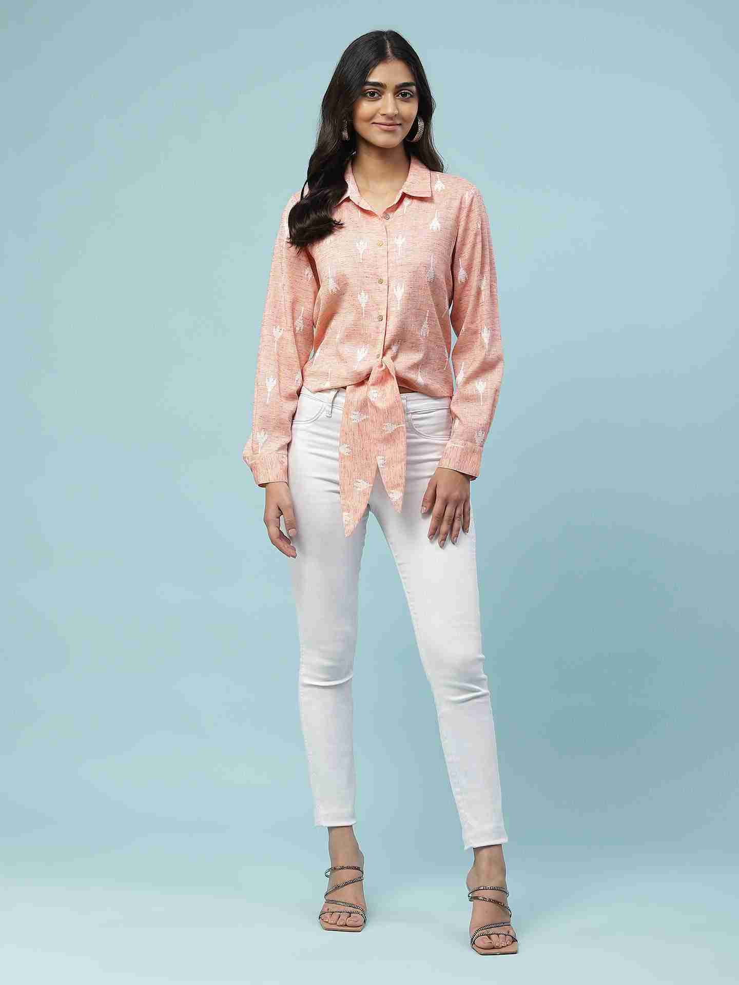 Peach Prarambh Tie-Up Shirt