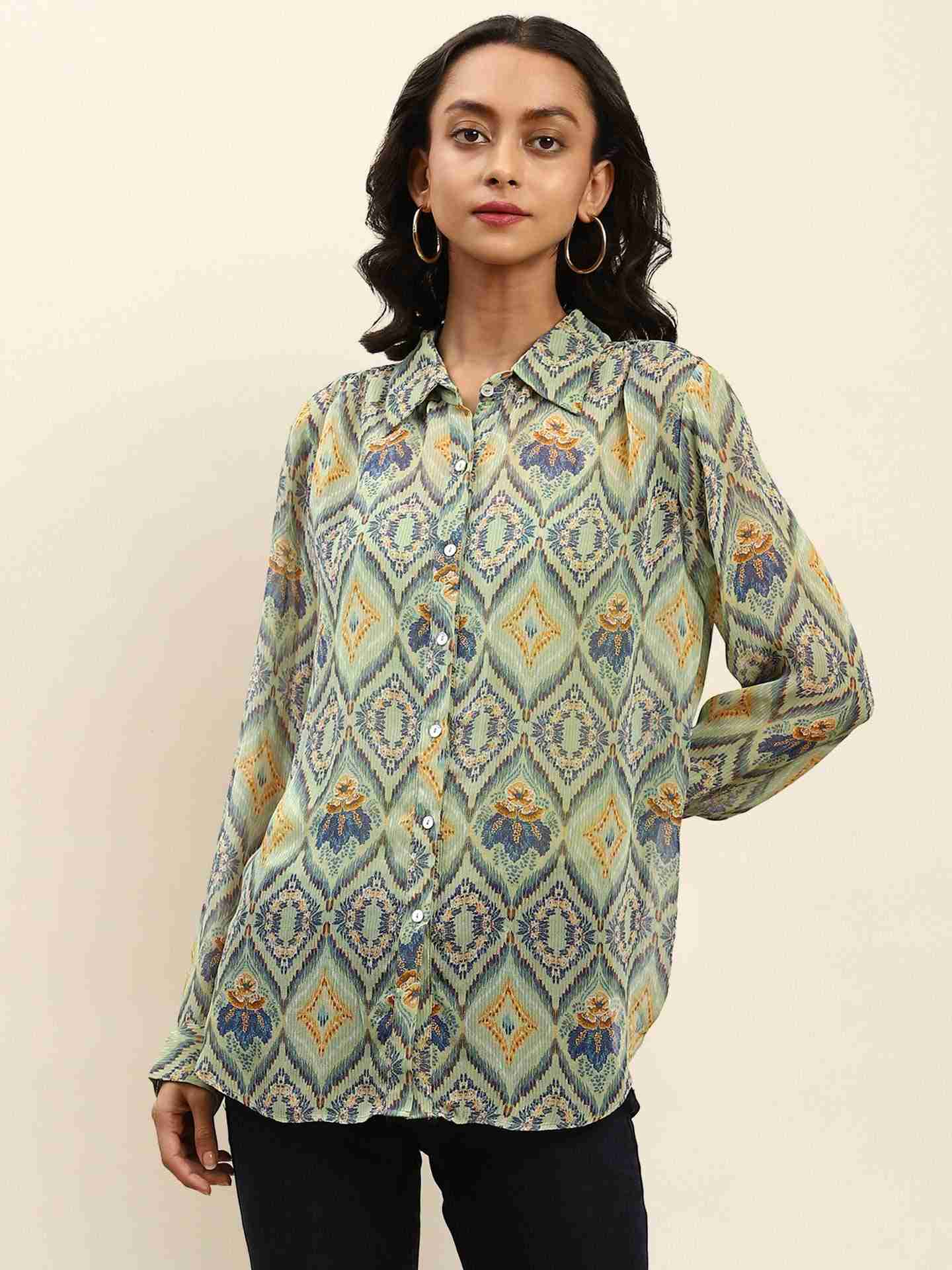Green Jamdani Ikat Shirt