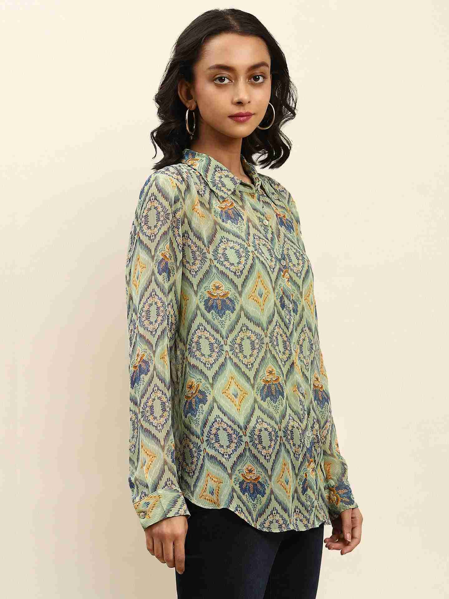 Green Jamdani Ikat Shirt