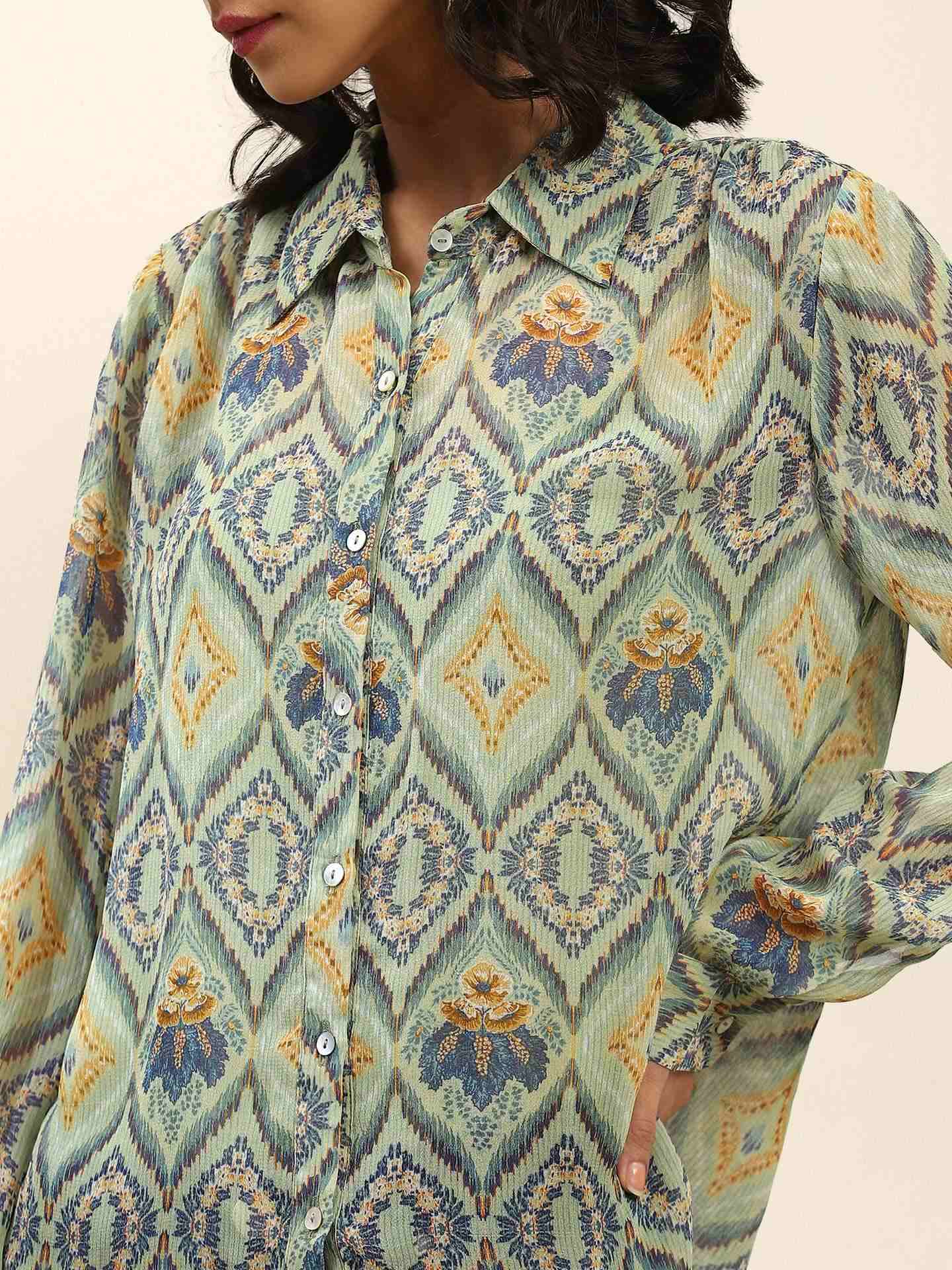 Green Jamdani Ikat Shirt