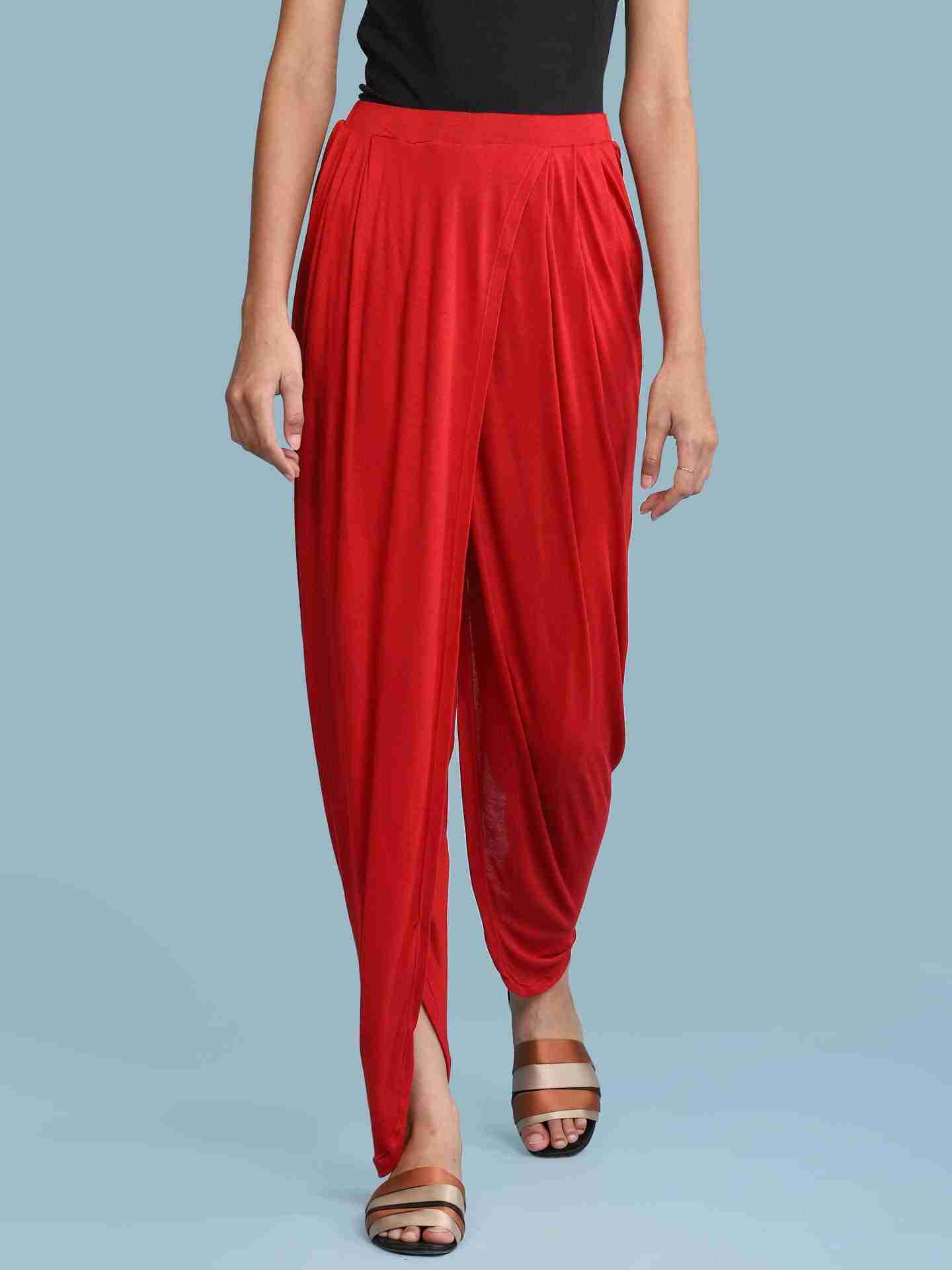 Red Solid Draped Pants