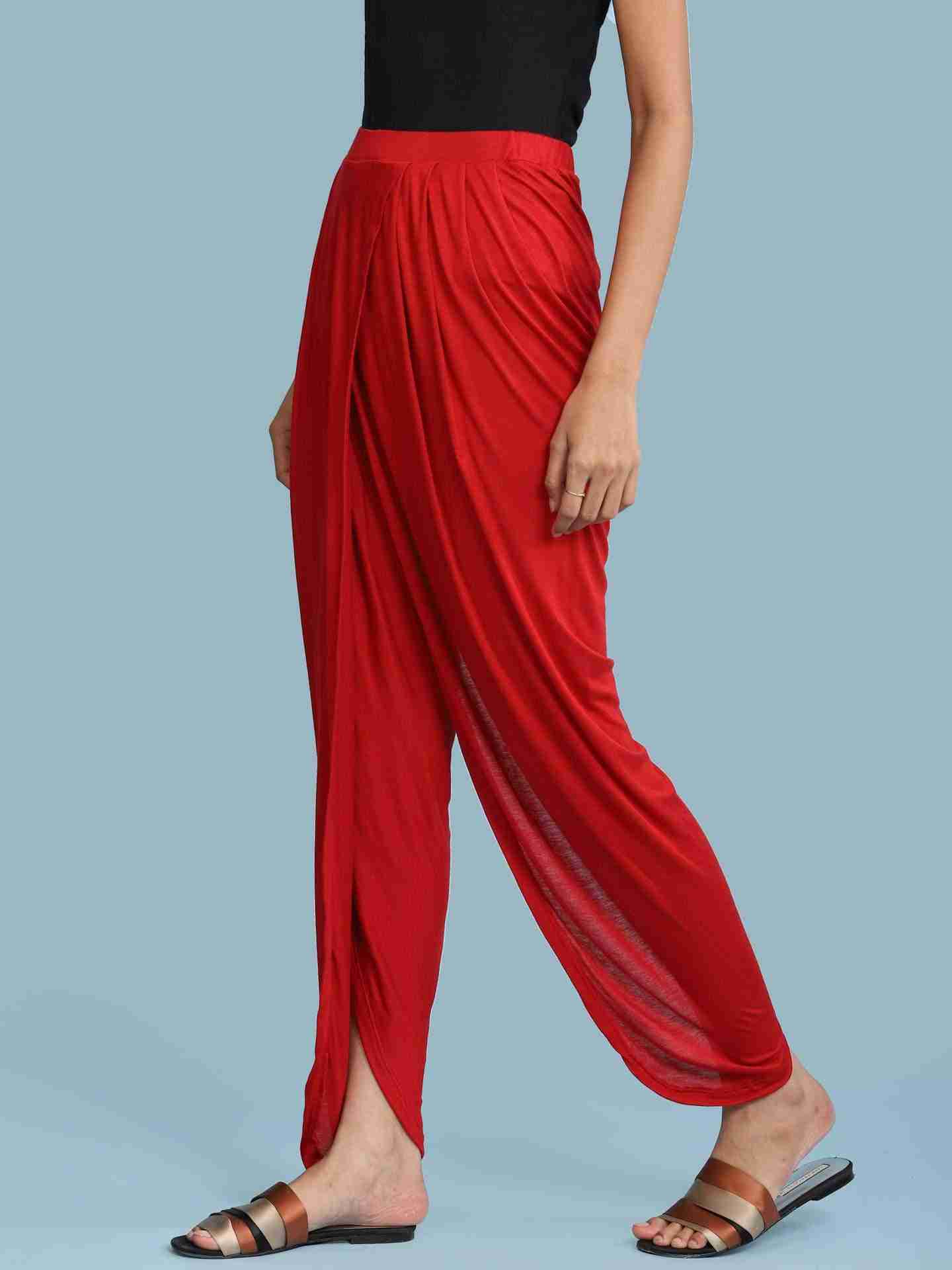 Red Solid Draped Pants