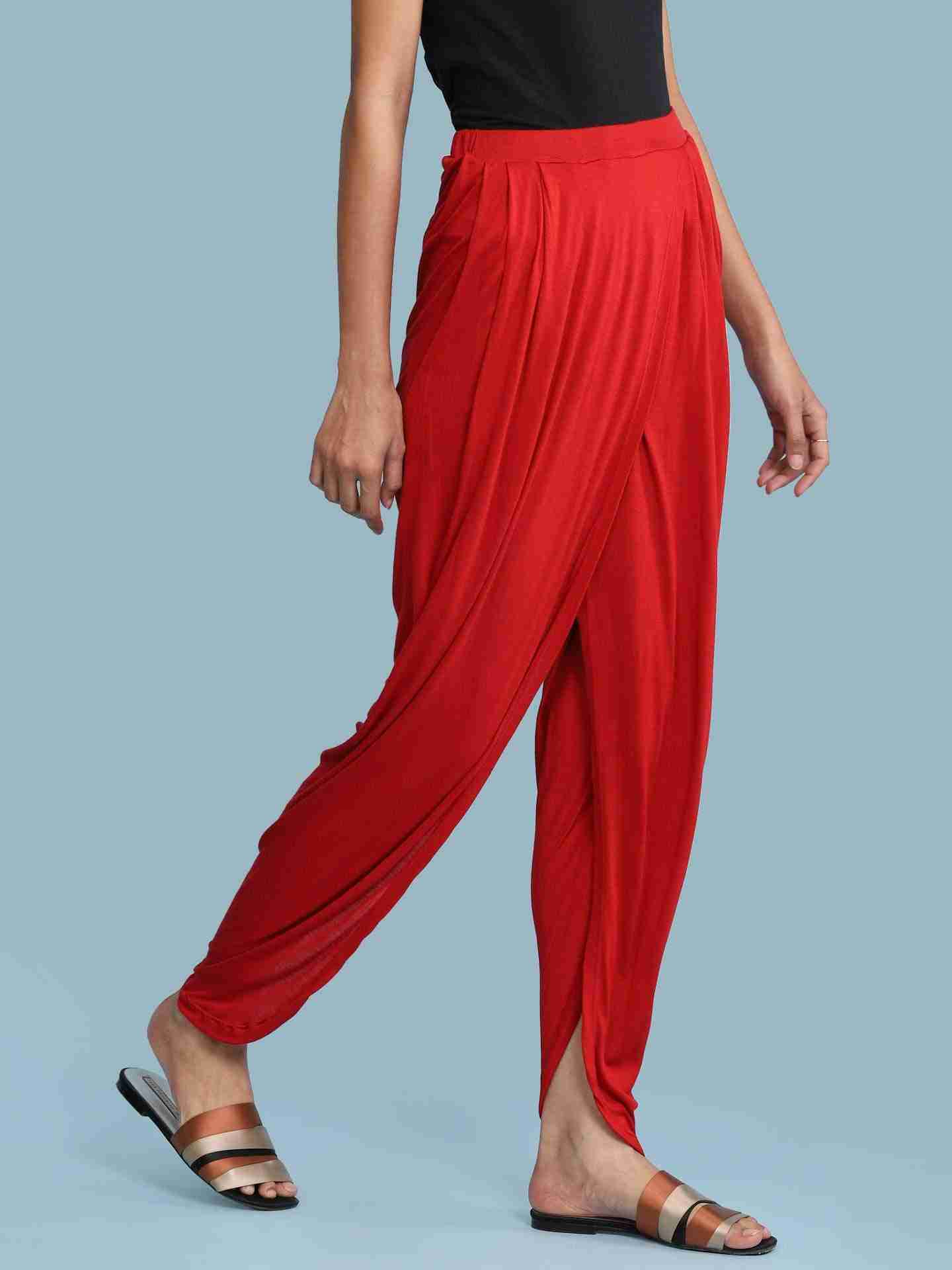 Red Solid Draped Pants