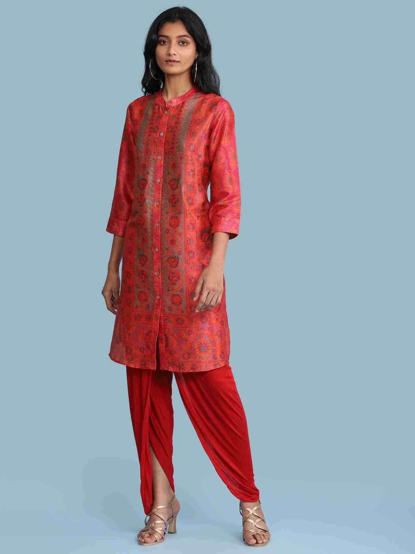 Red Solid Draped Pants