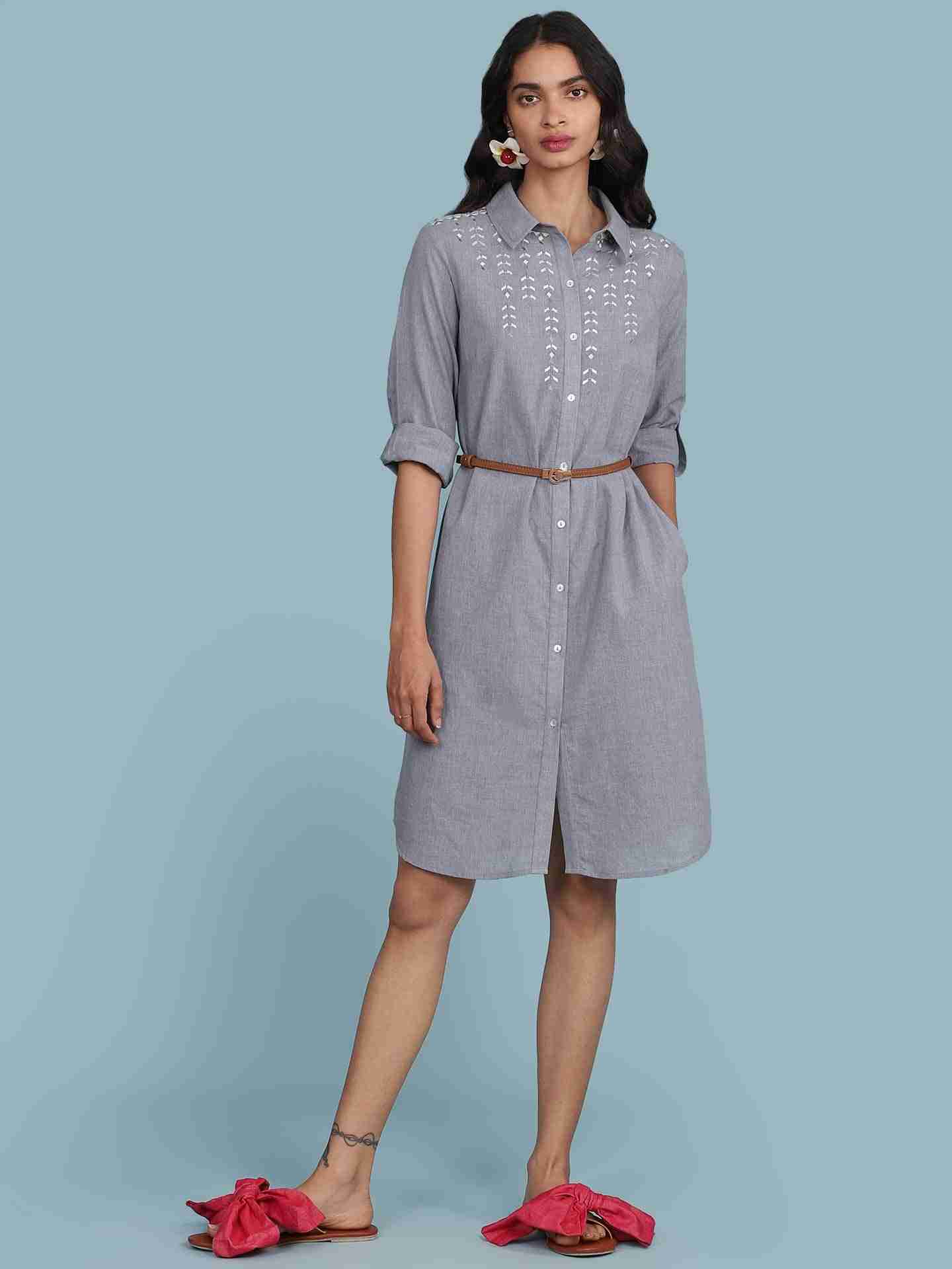 Denim Blue Chambray Solid Long Dress