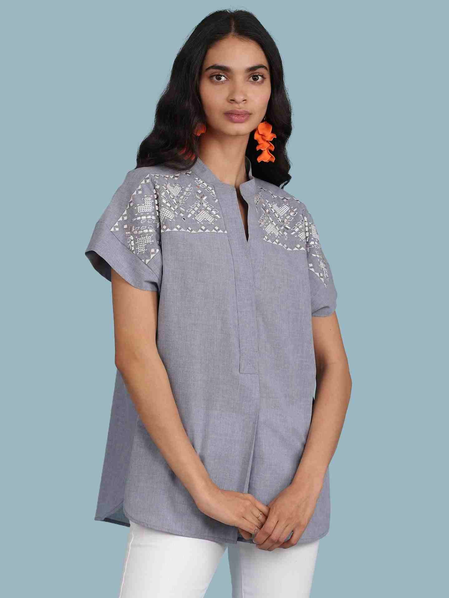 Denim Blue Chambray Solid Boxy Top