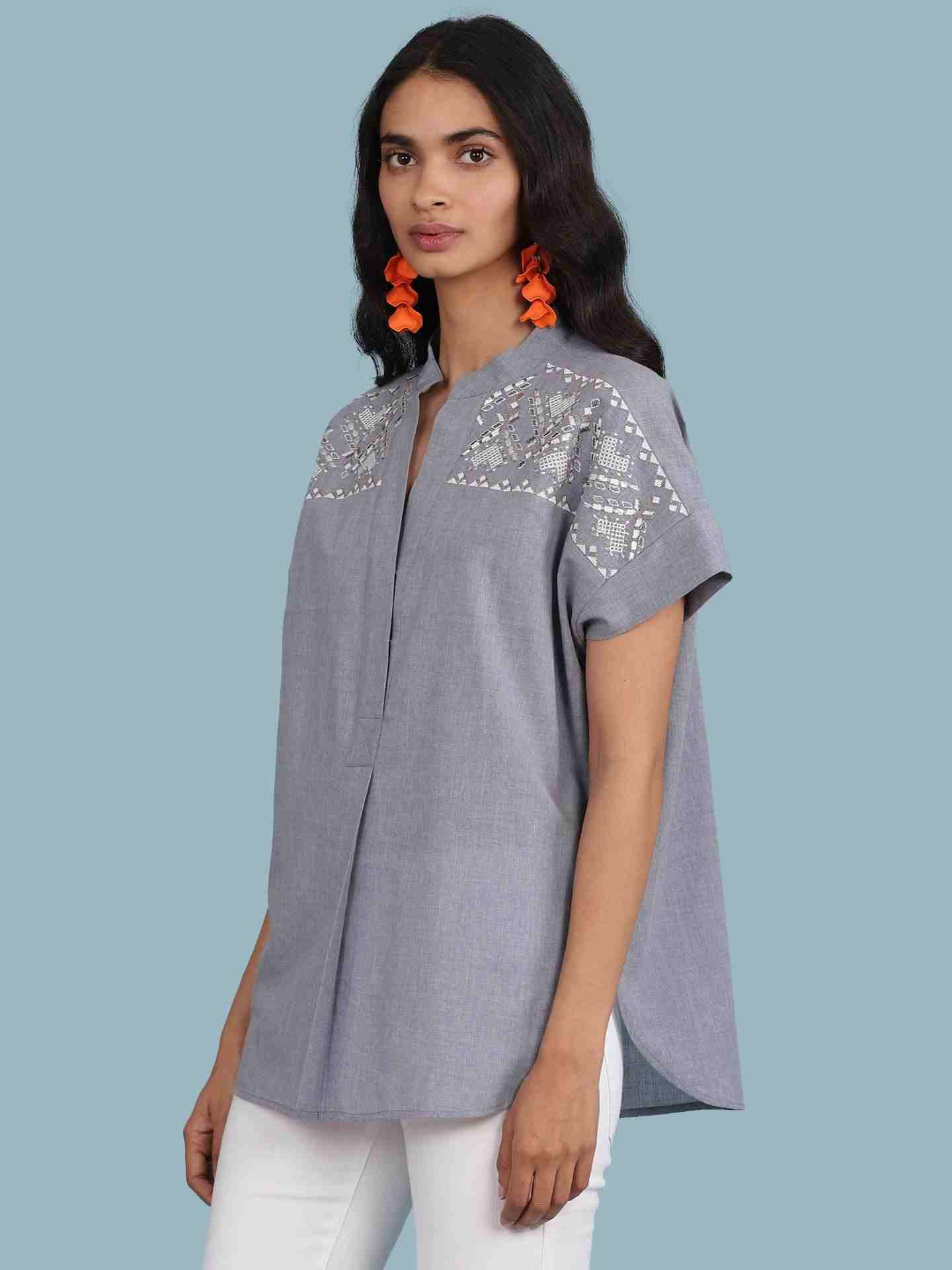 Denim Blue Chambray Solid Boxy Top