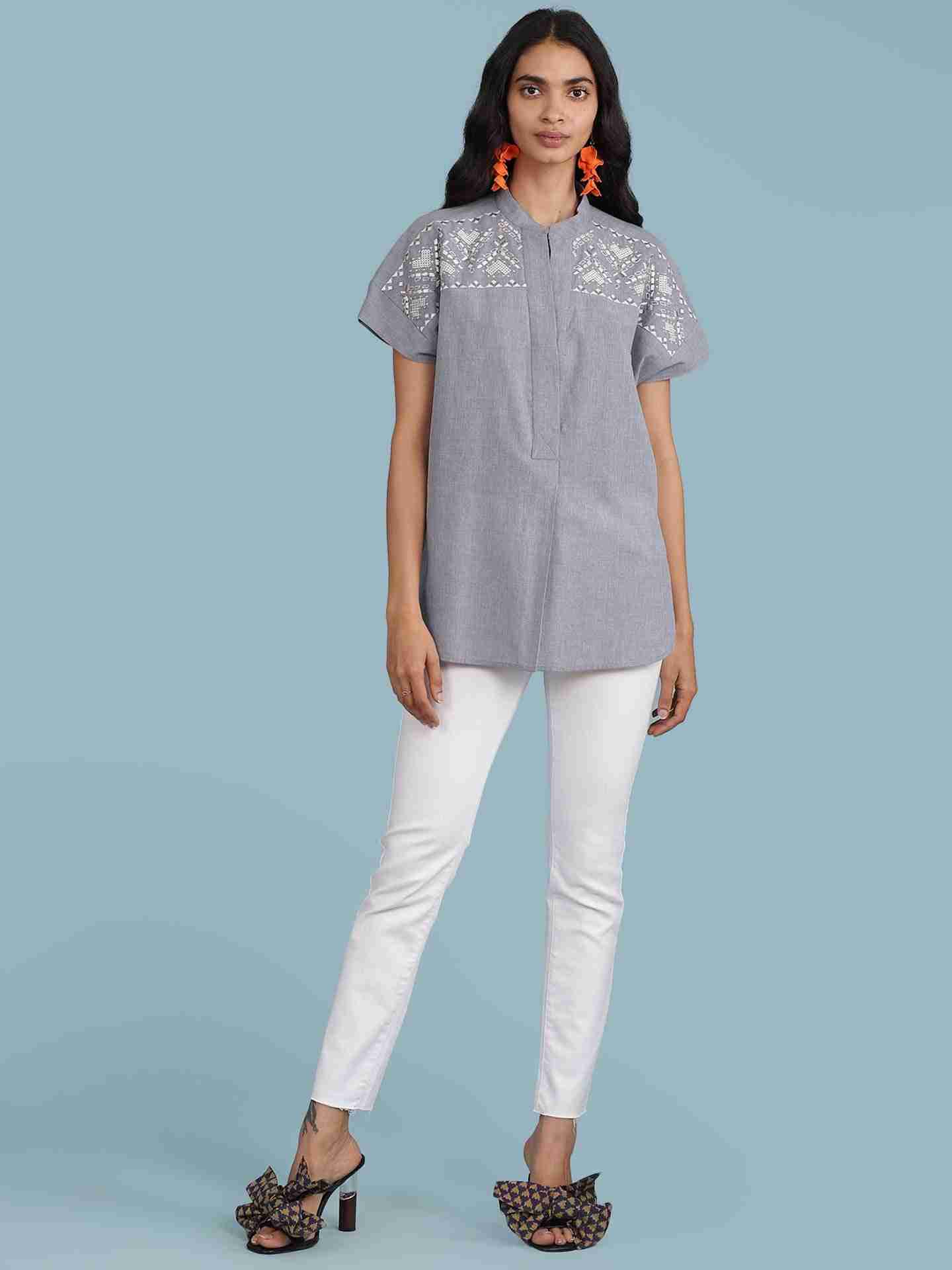 Denim Blue Chambray Solid Boxy Top