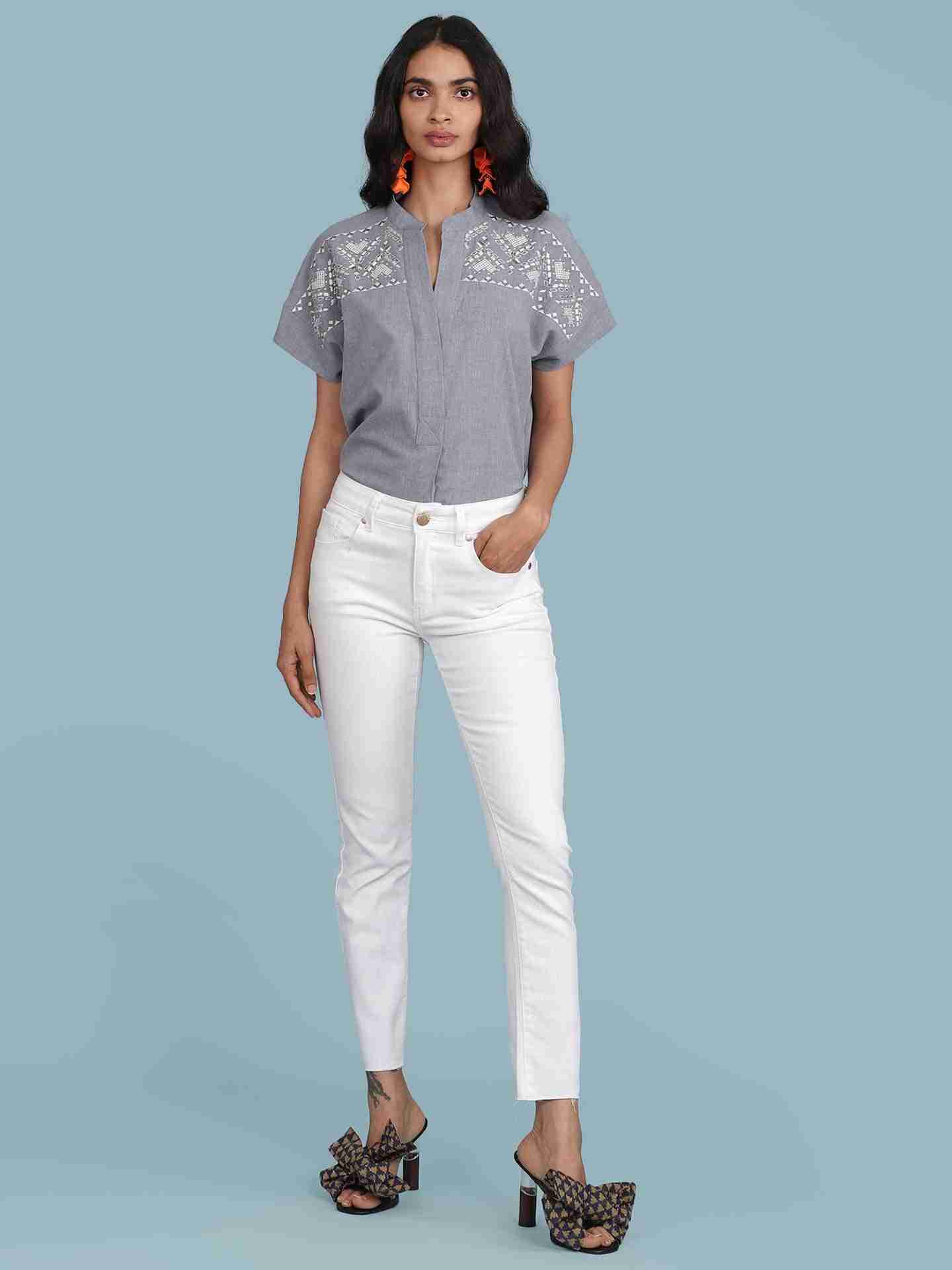 Denim Blue Chambray Solid Boxy Top