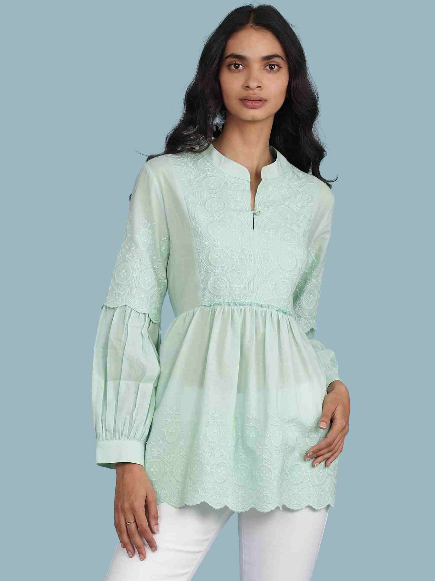 Green Schiffli Solid Kurti