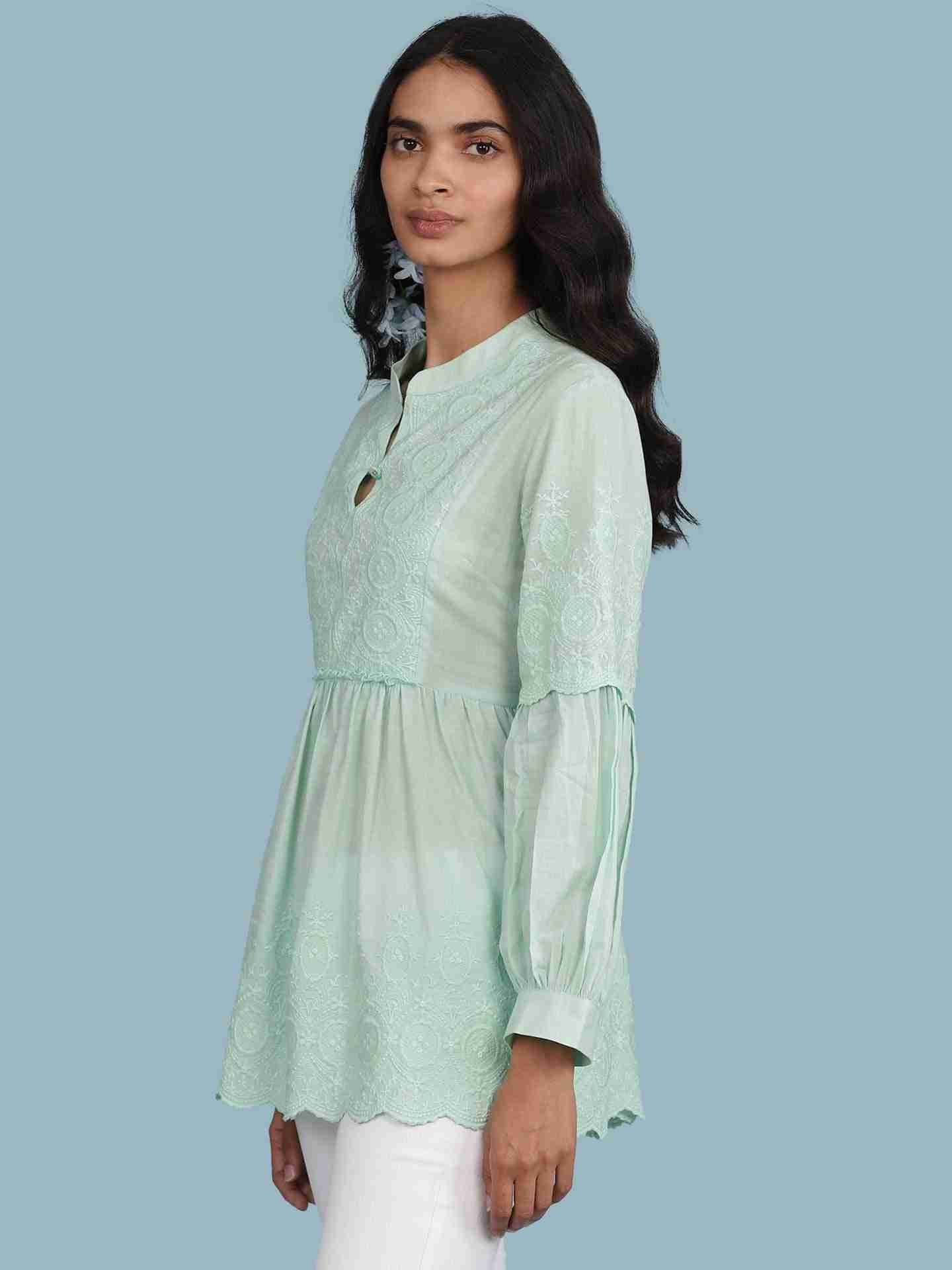 Green Schiffli Solid Kurti