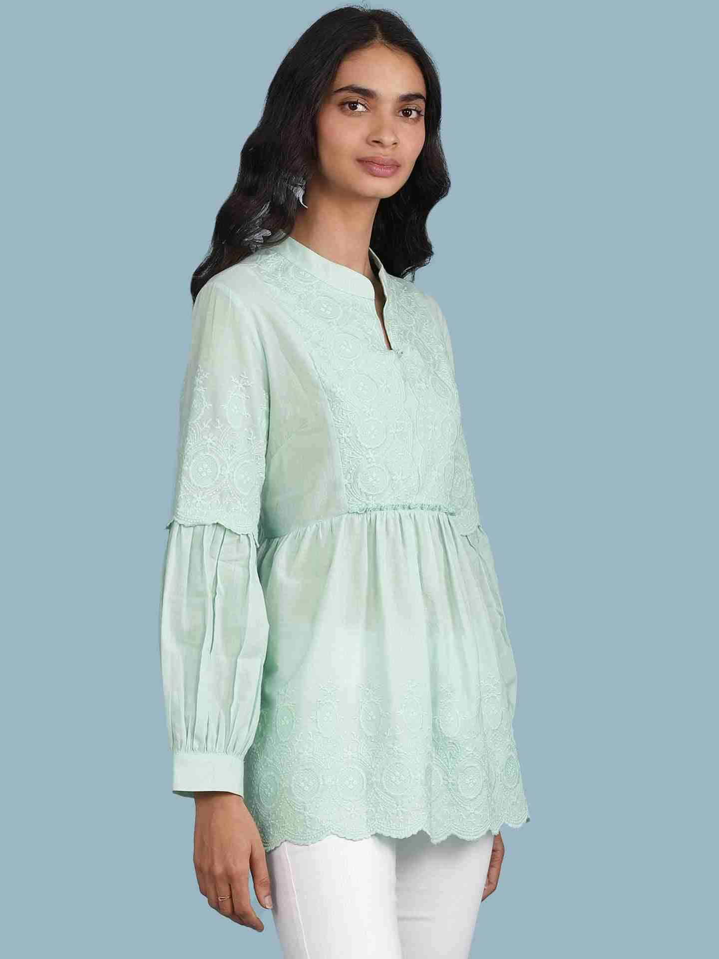 Green Schiffli Solid Kurti