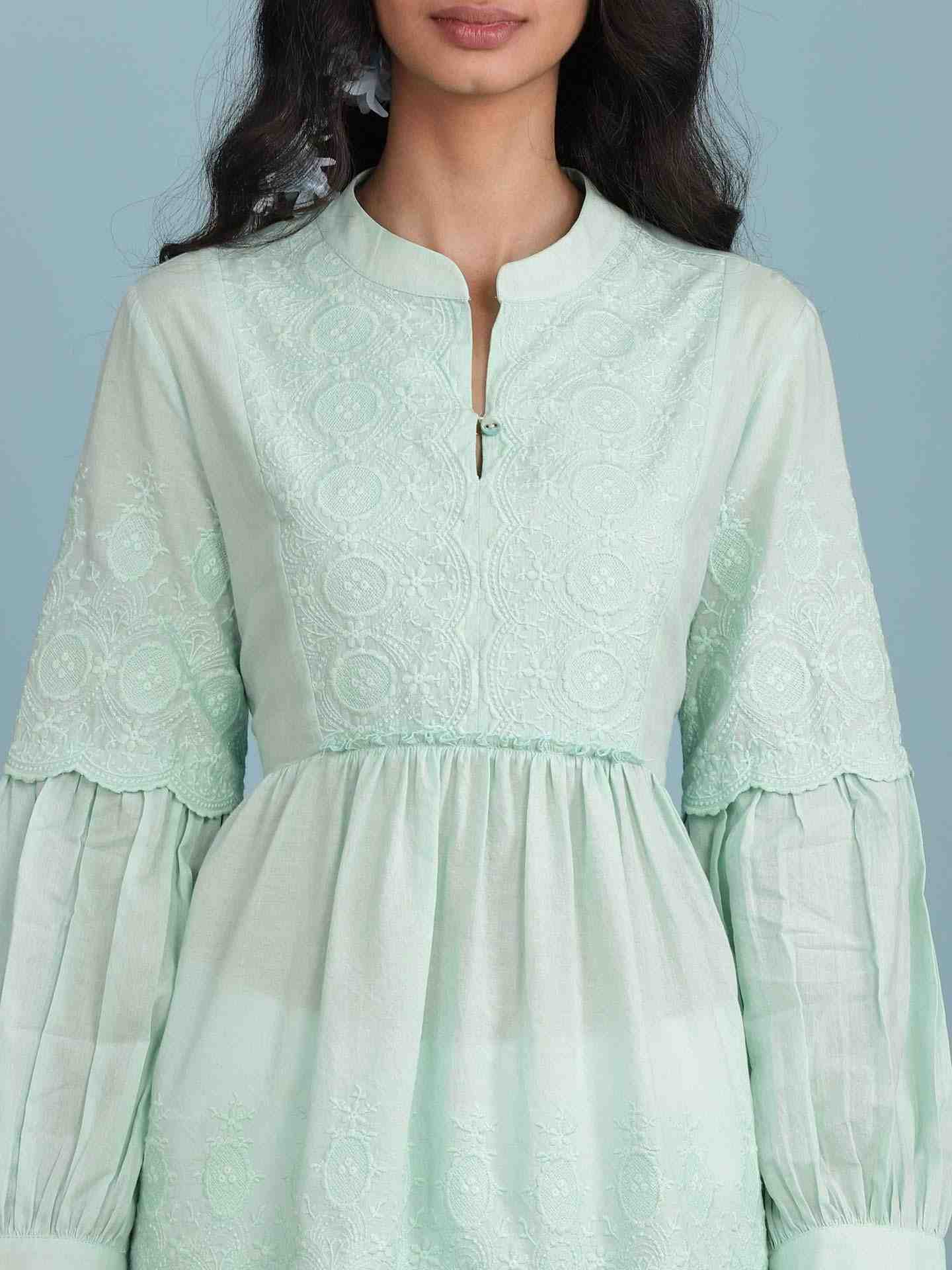 Green Schiffli Solid Kurti