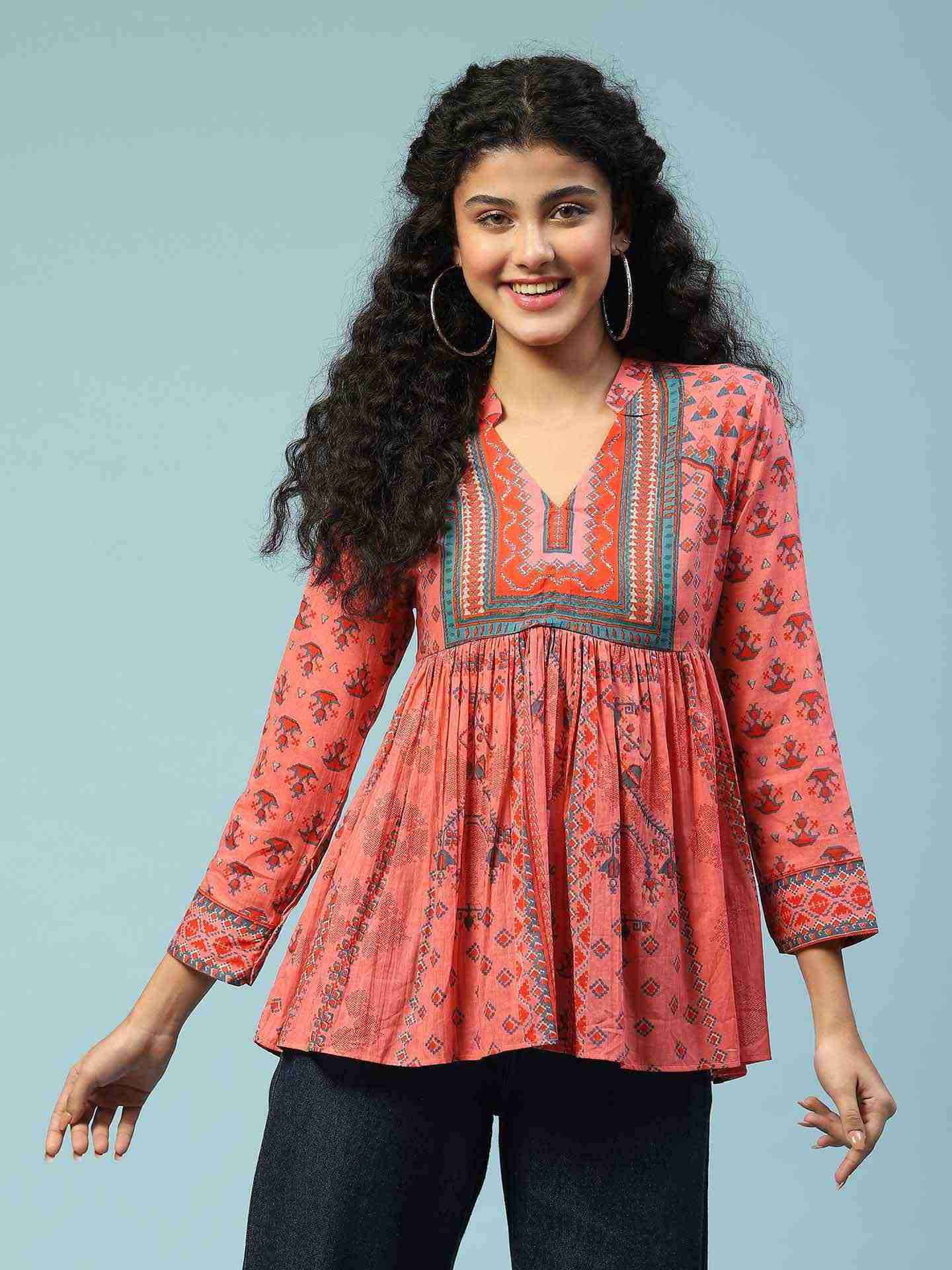 Peach Swastik Tiered Top