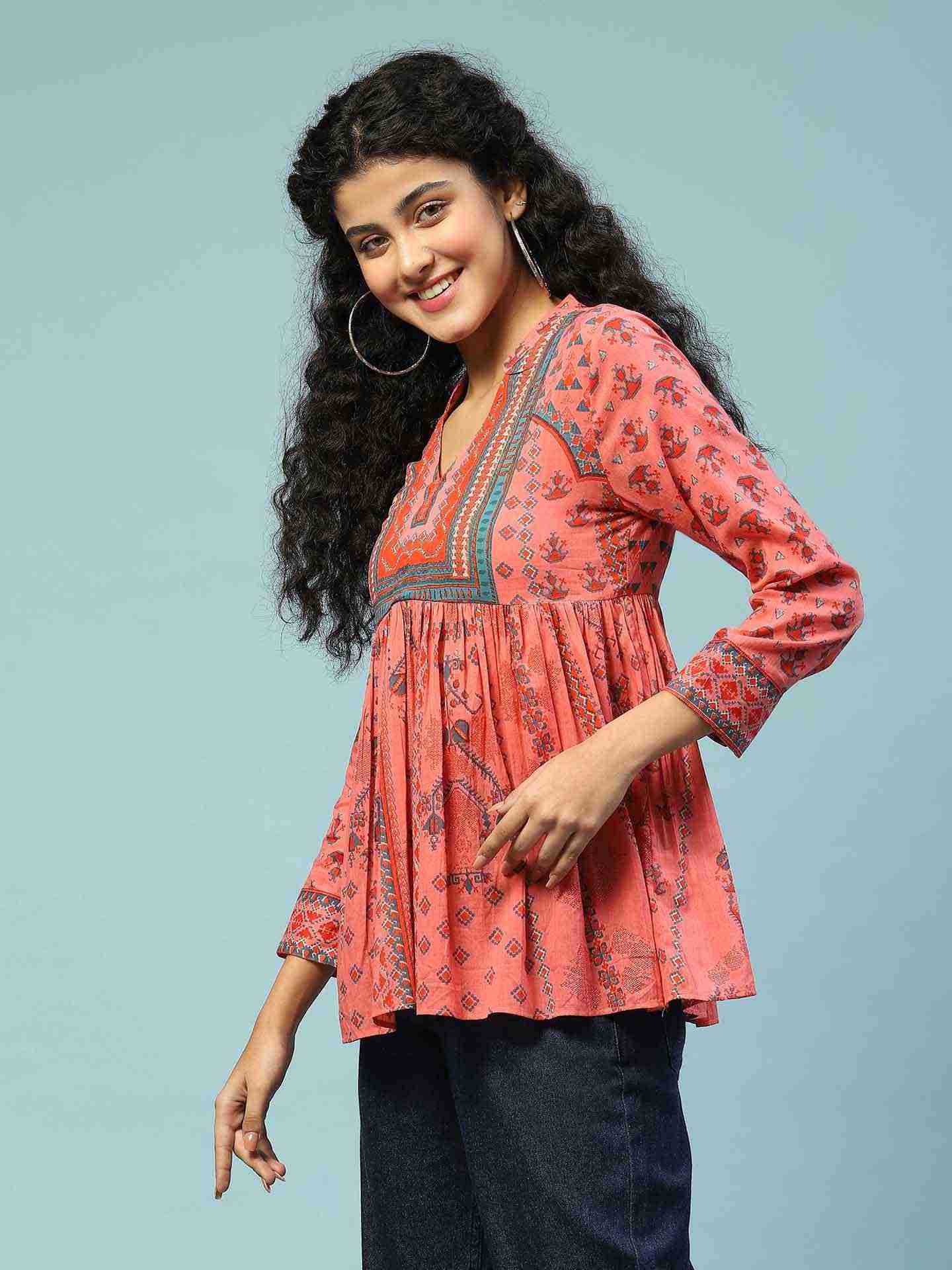 Peach Swastik Tiered Top