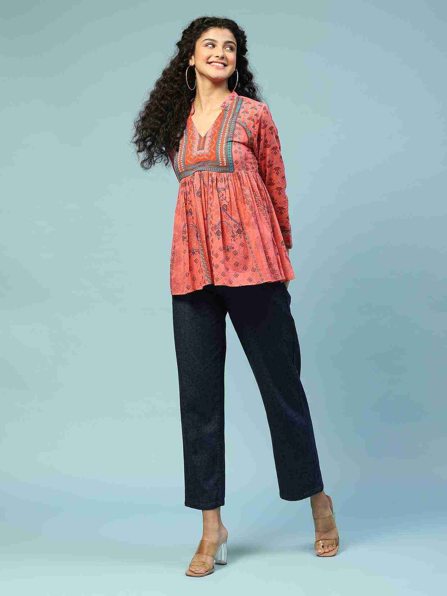 Peach Swastik Tiered Top