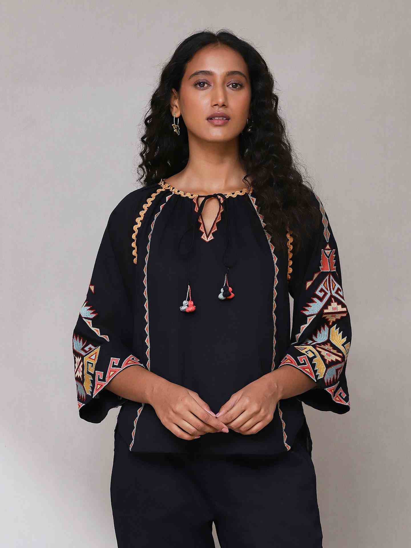 Black Zest Solid Peasant Top