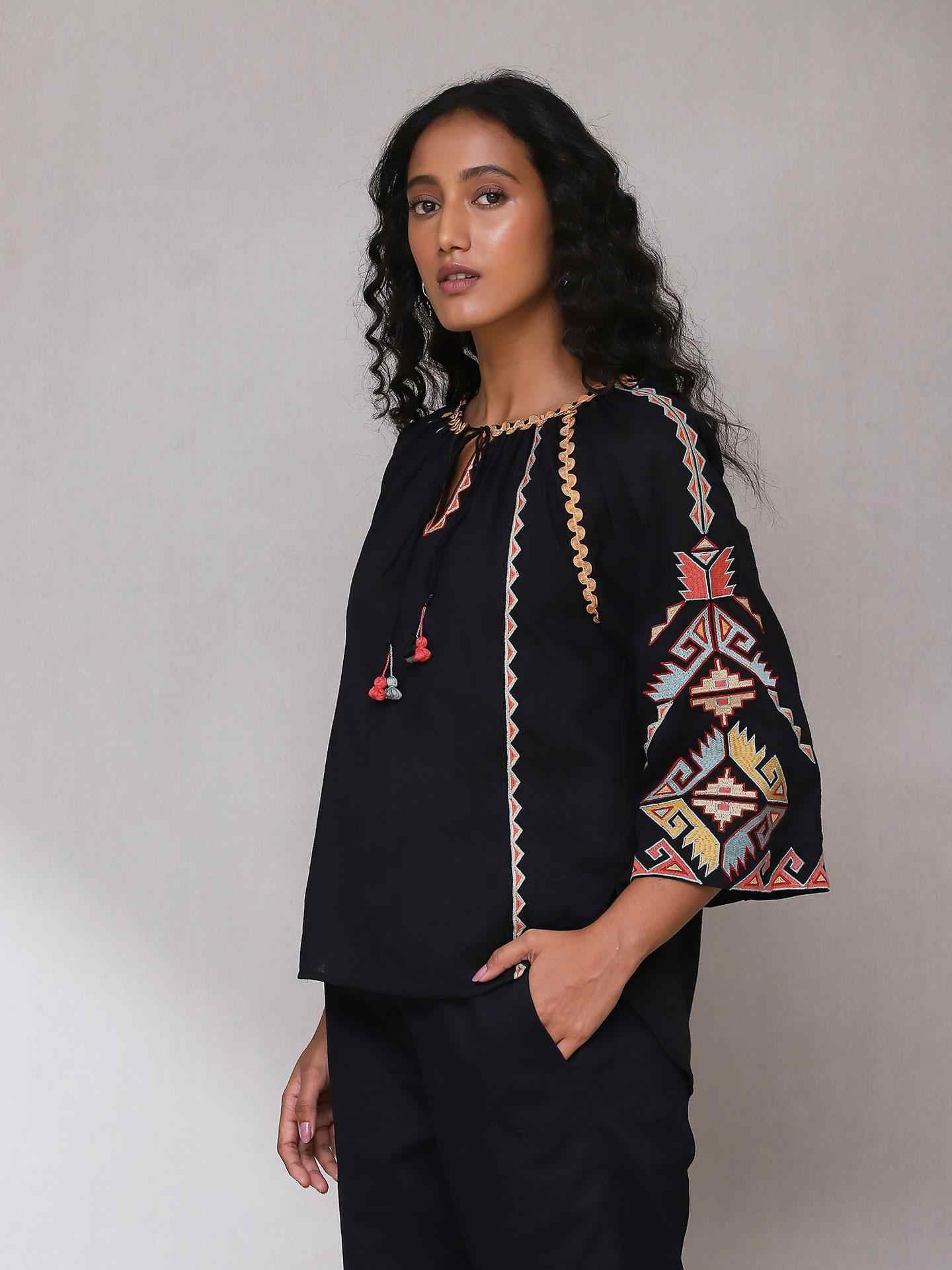Black Zest Solid Peasant Top