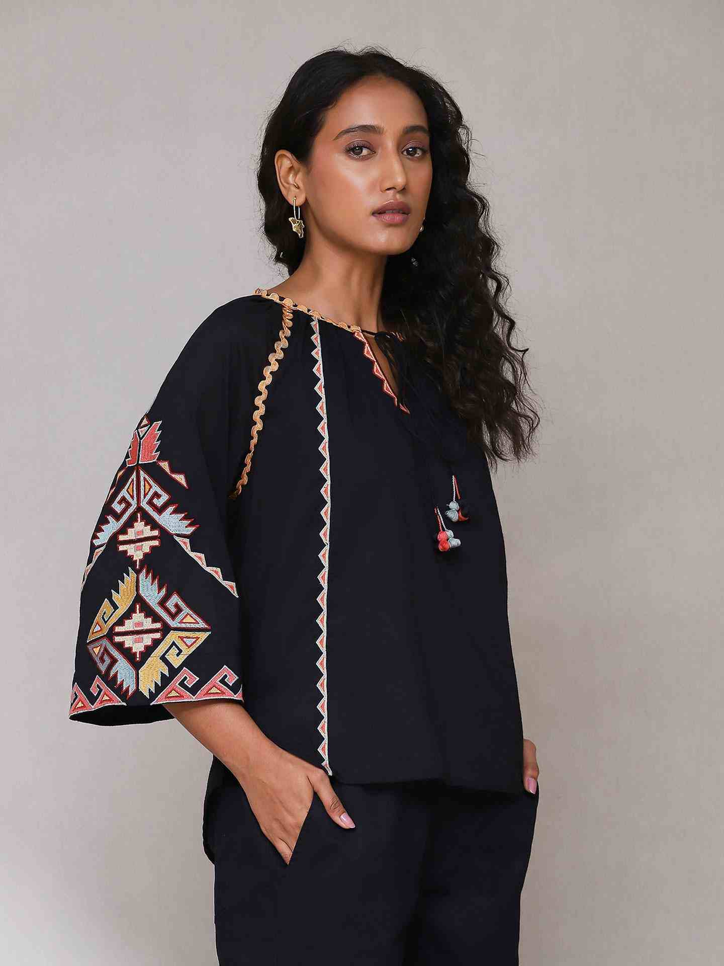 Black Zest Solid Peasant Top
