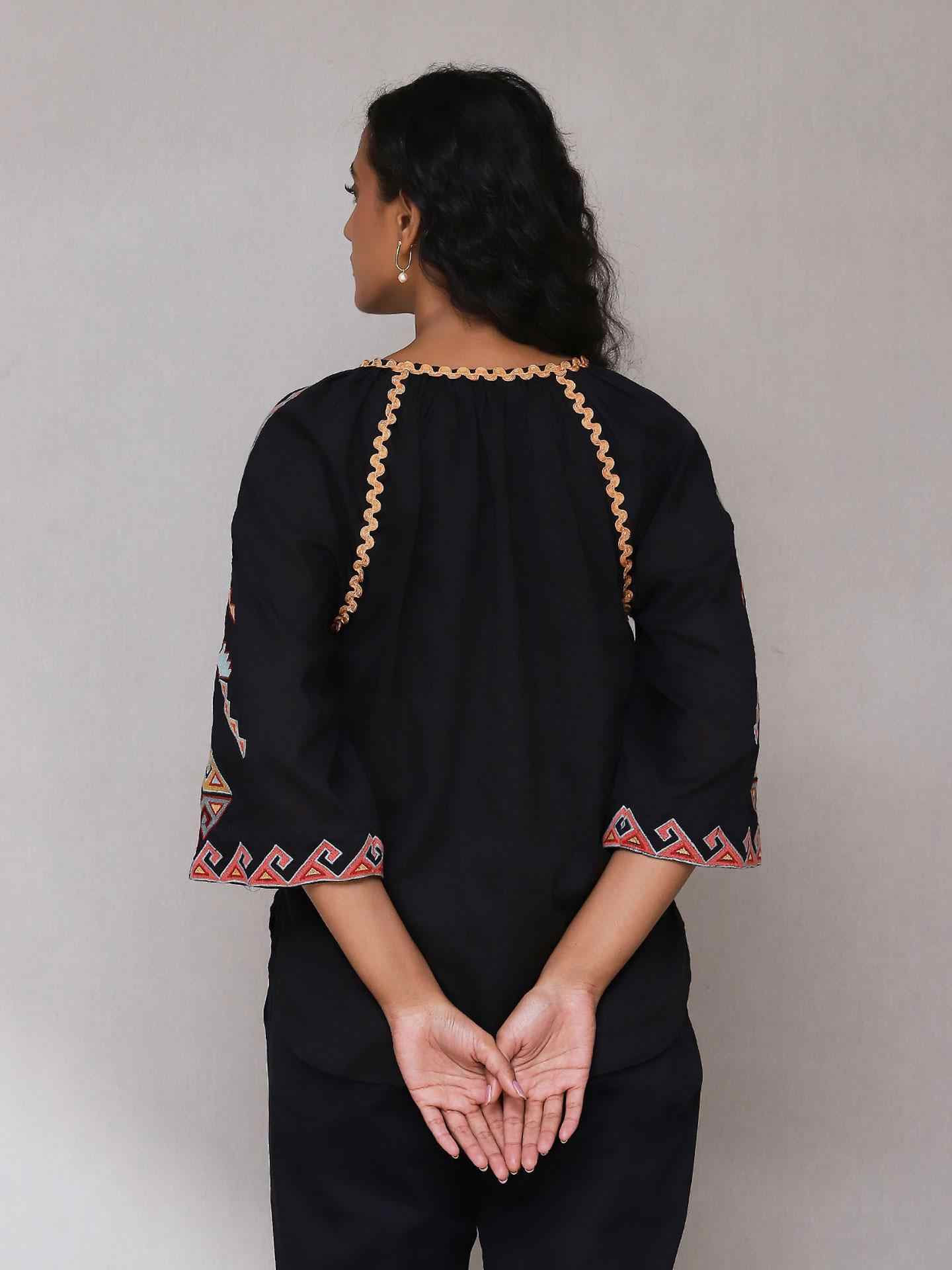 Black Zest Solid Peasant Top