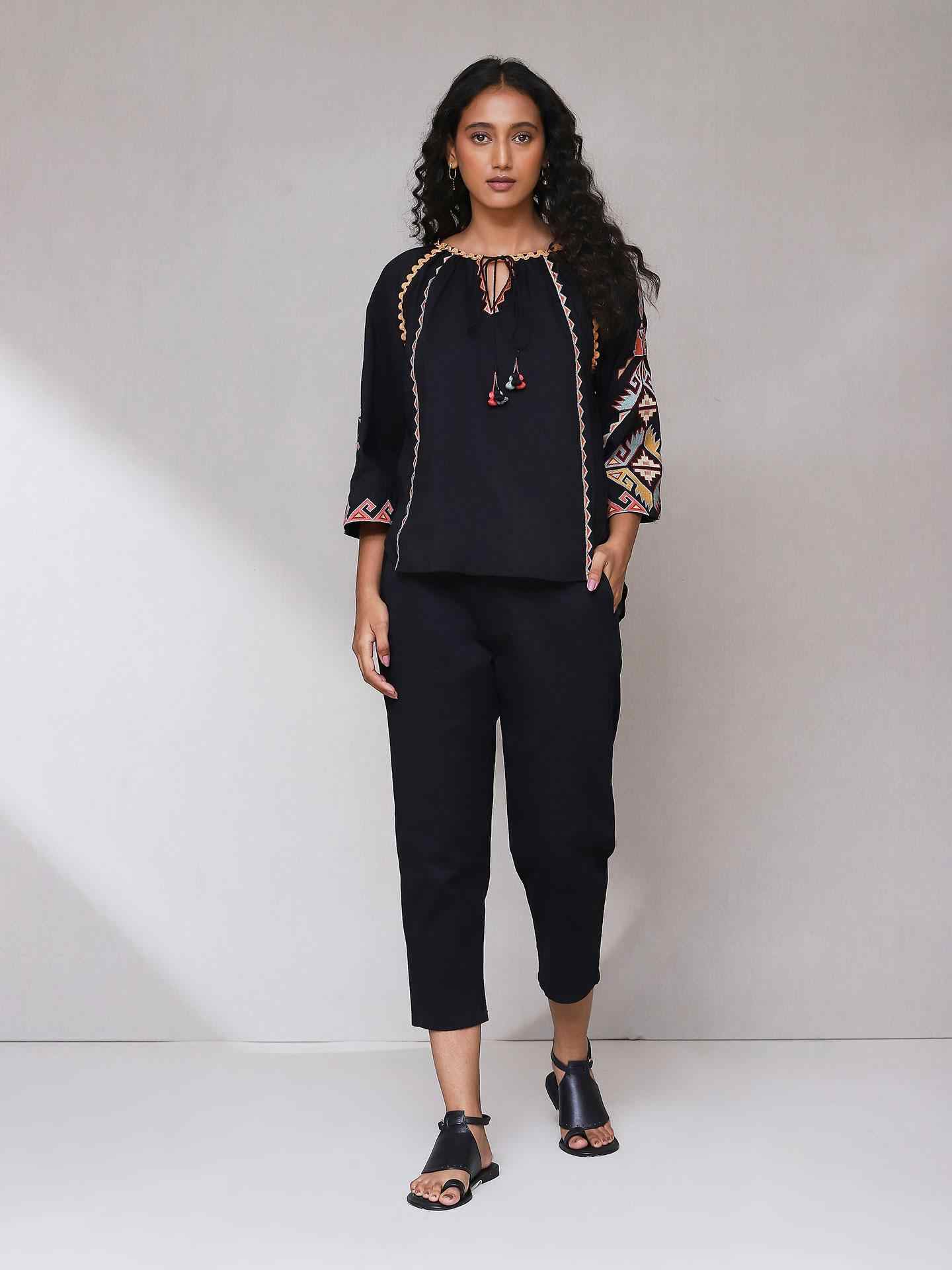 Black Zest Solid Peasant Top