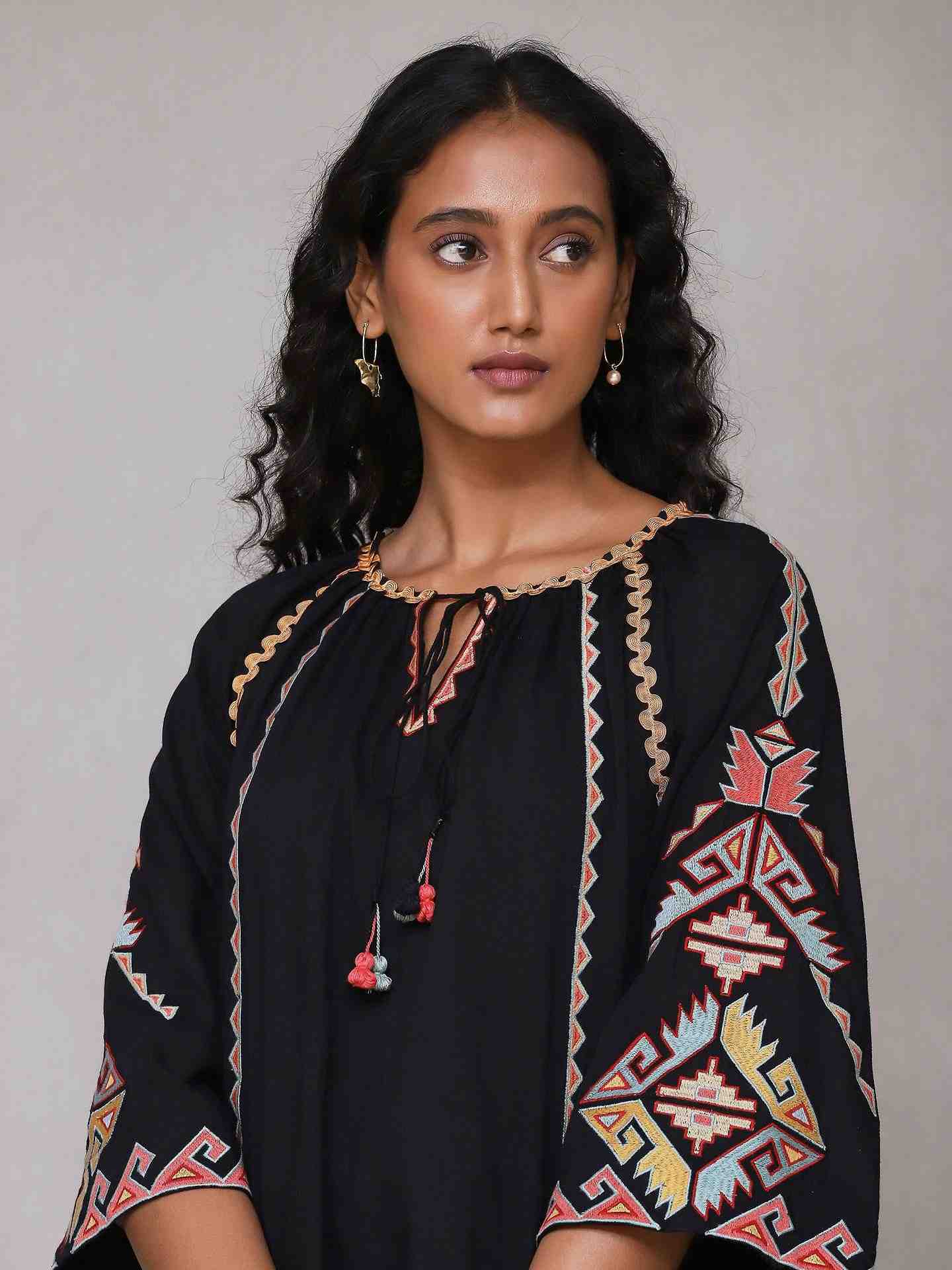 Black Zest Solid Peasant Top