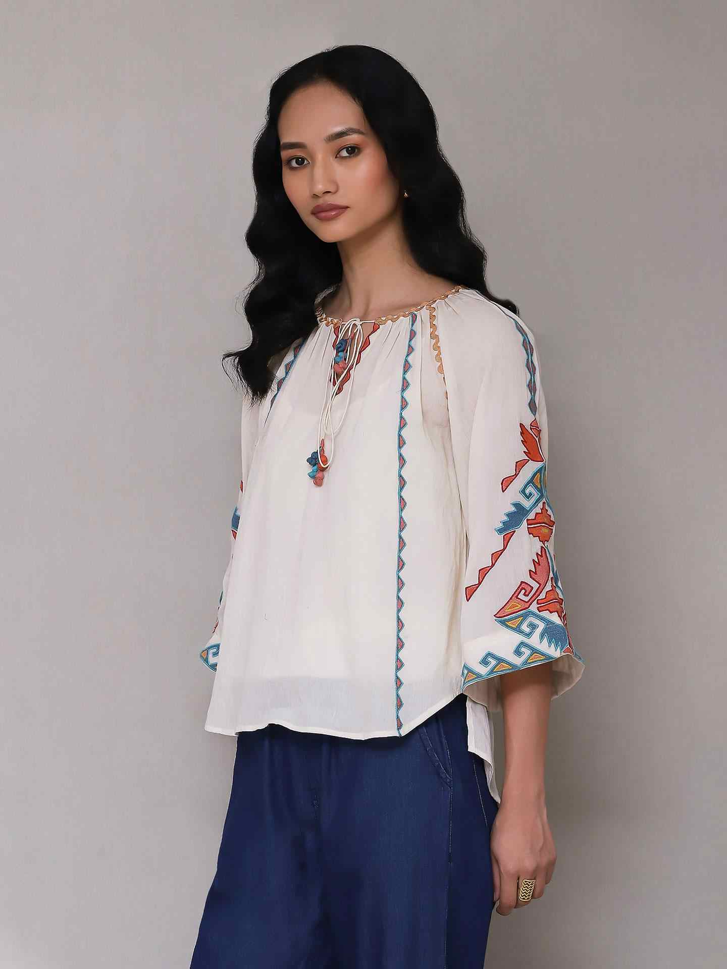 Ecru Zest Solid Peasant Top