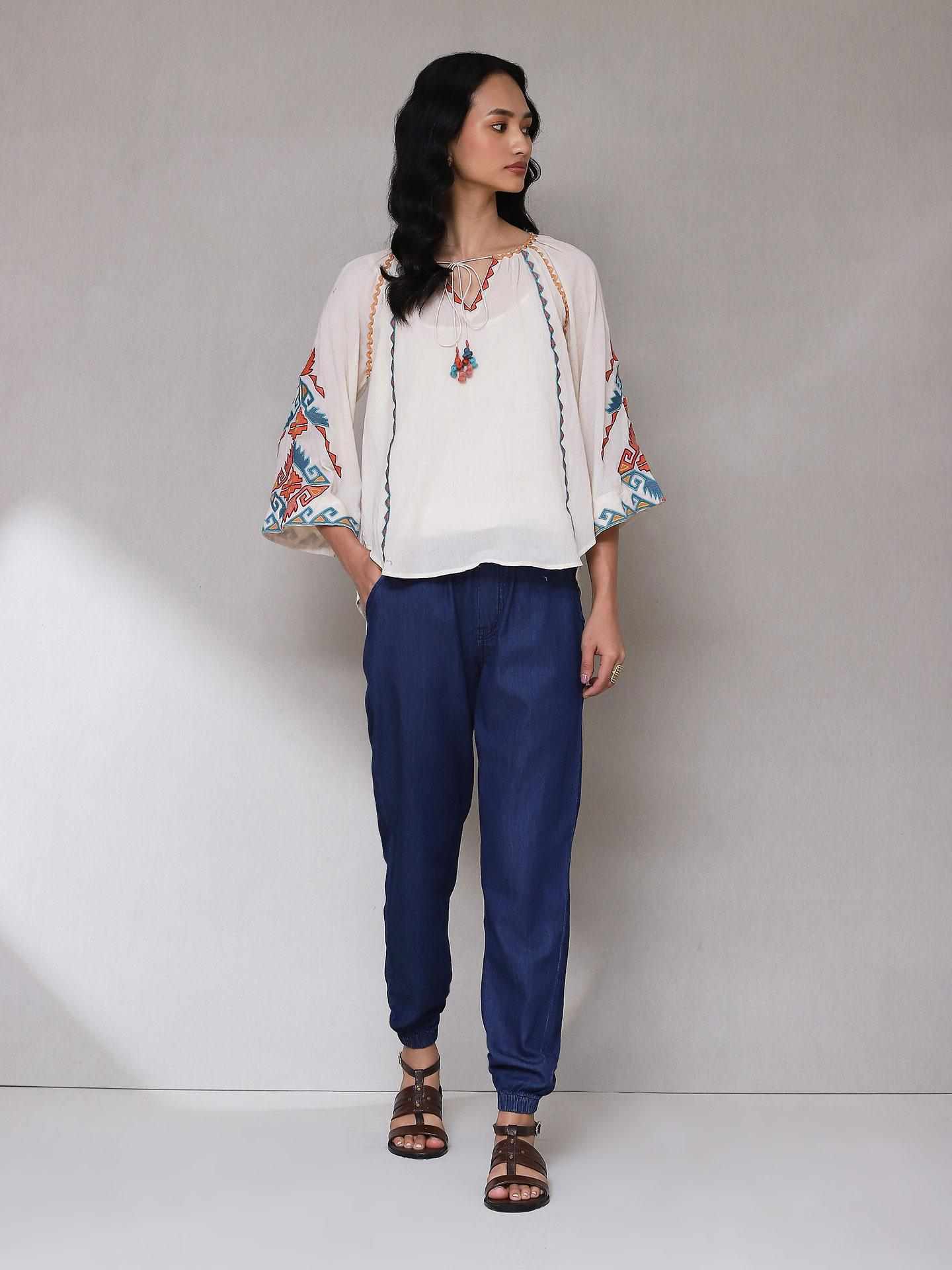 Ecru Zest Solid Peasant Top