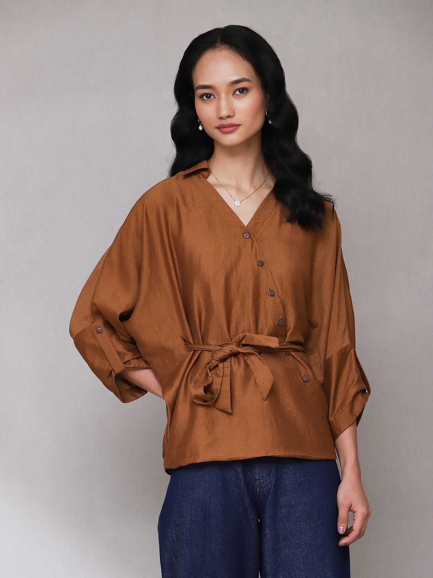 Brown Turkish Solid Button-Down Top