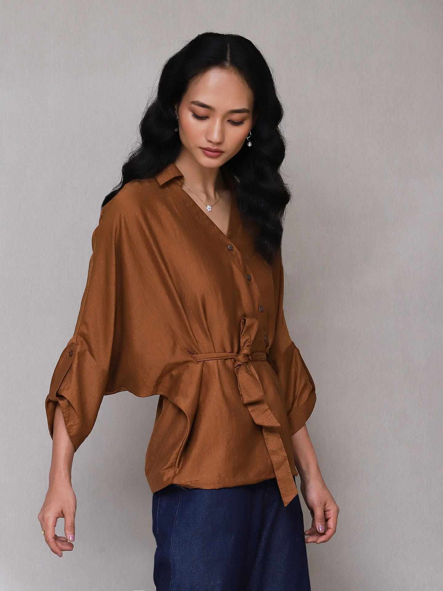 Brown Turkish Solid Button-Down Top
