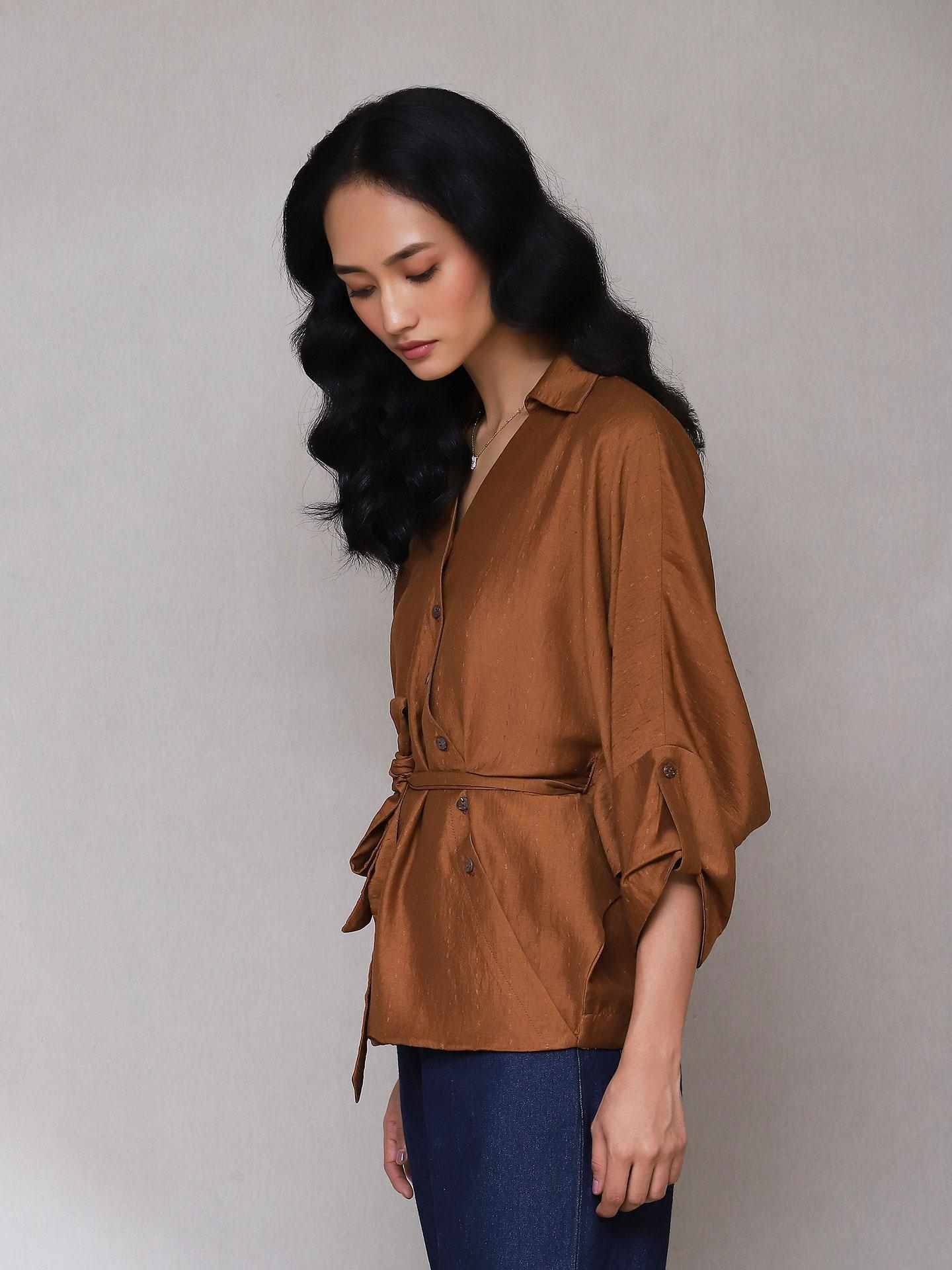 Brown Turkish Solid Button-Down Top