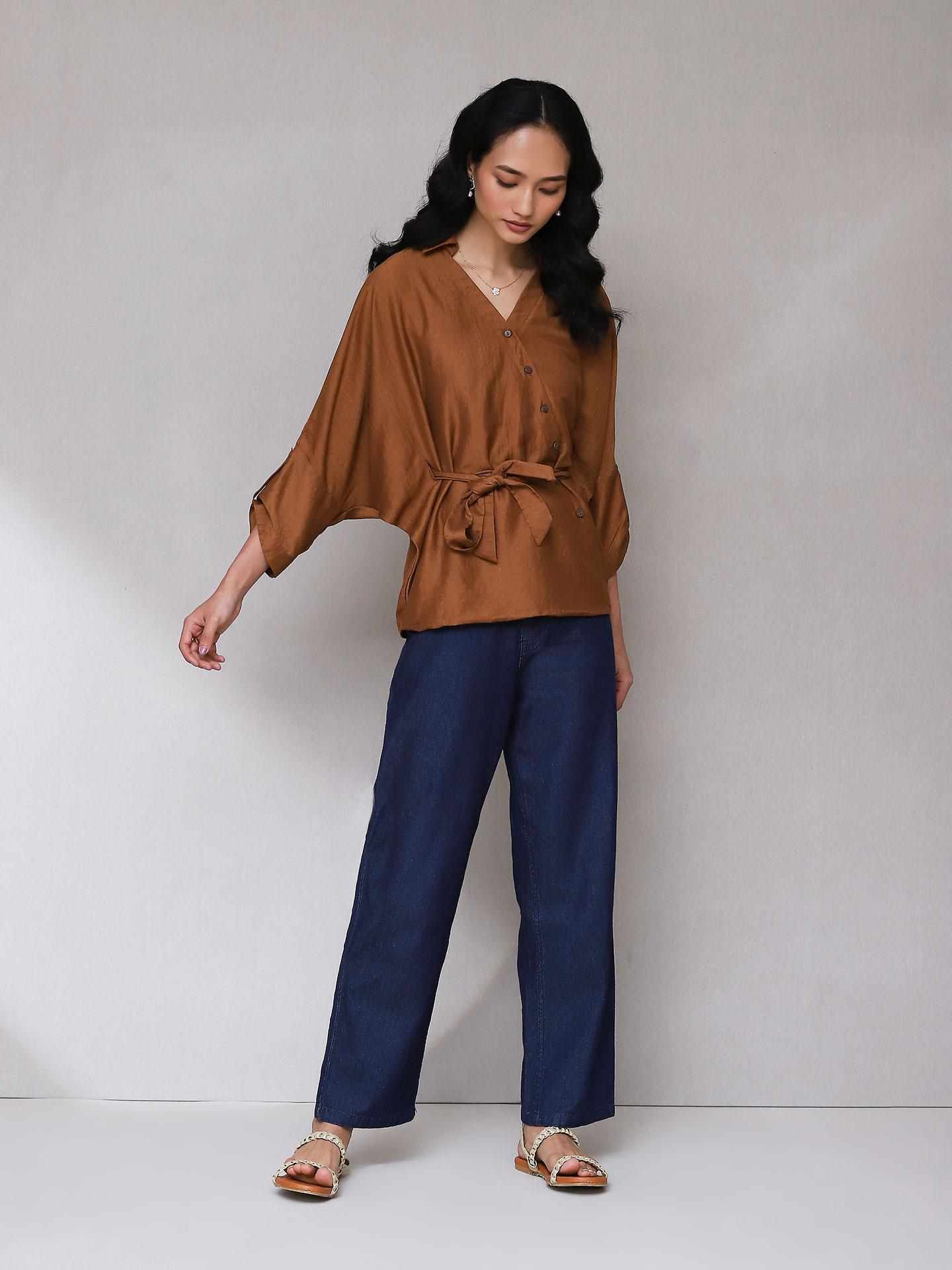 Brown Turkish Solid Button-Down Top