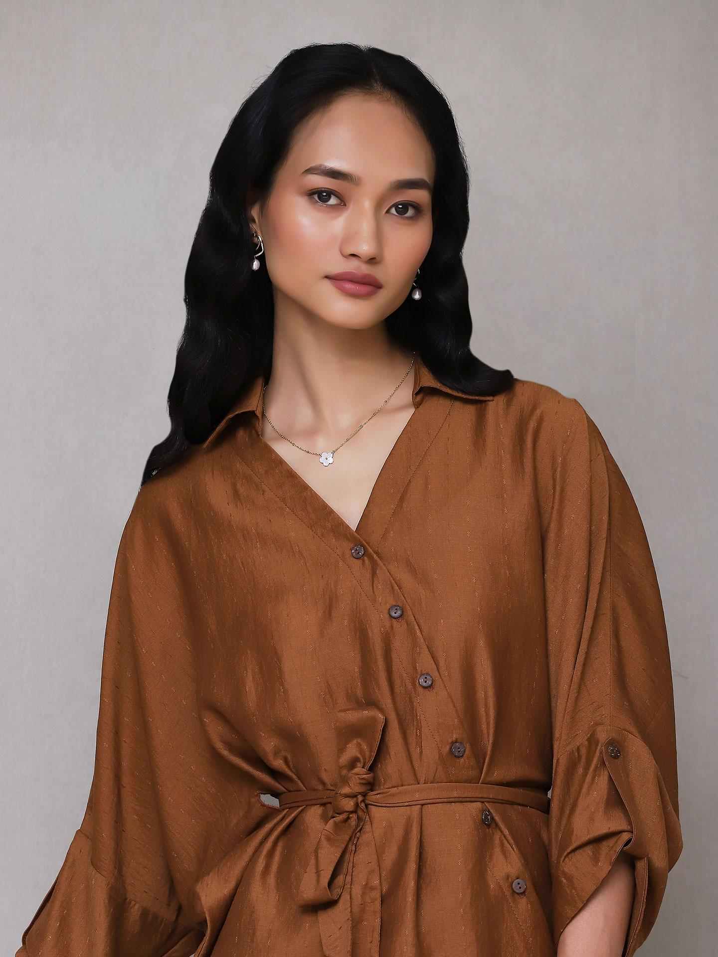 Brown Turkish Solid Button-Down Top