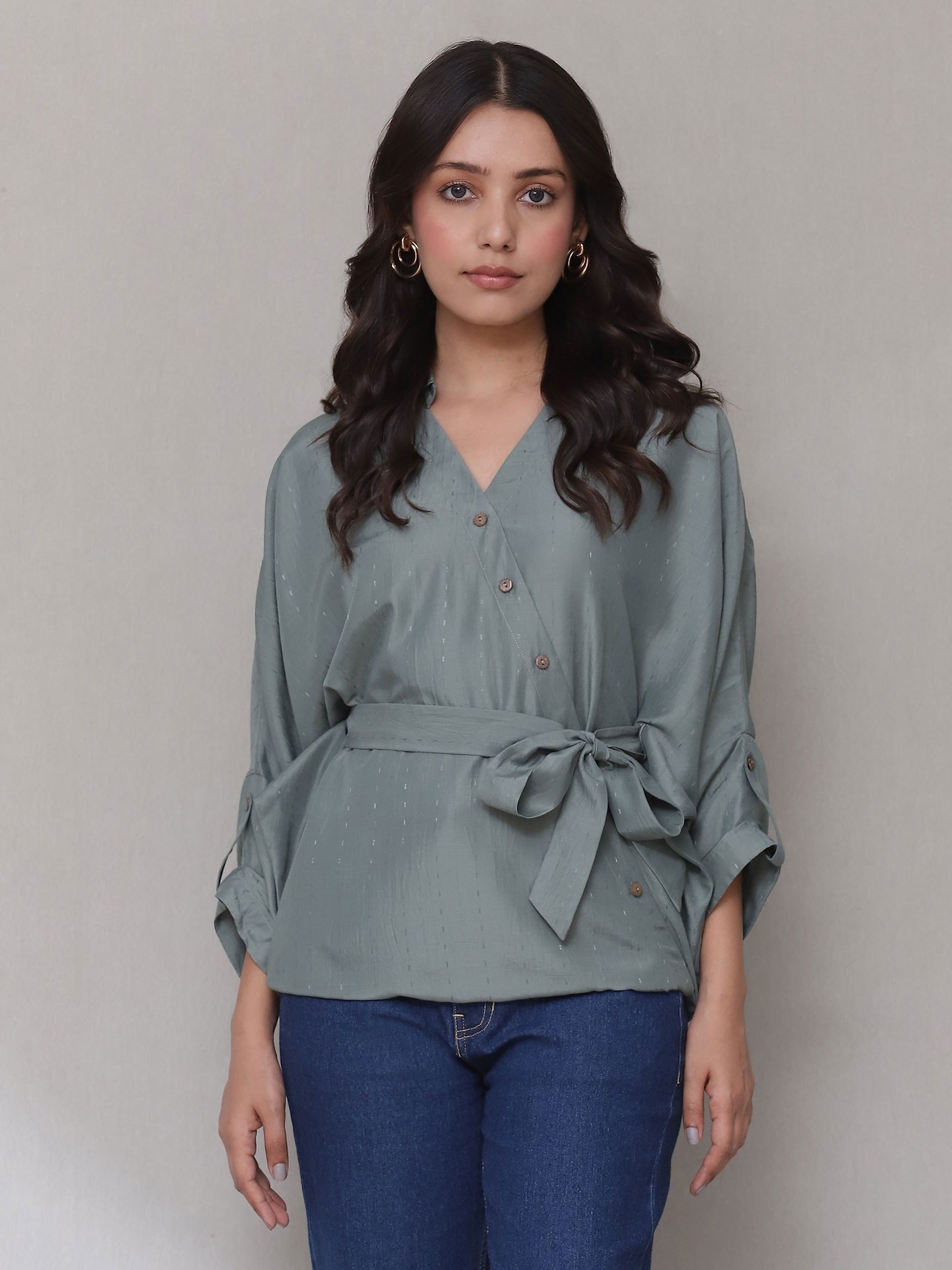 Sage Green Turkish Solid Button-Down Top