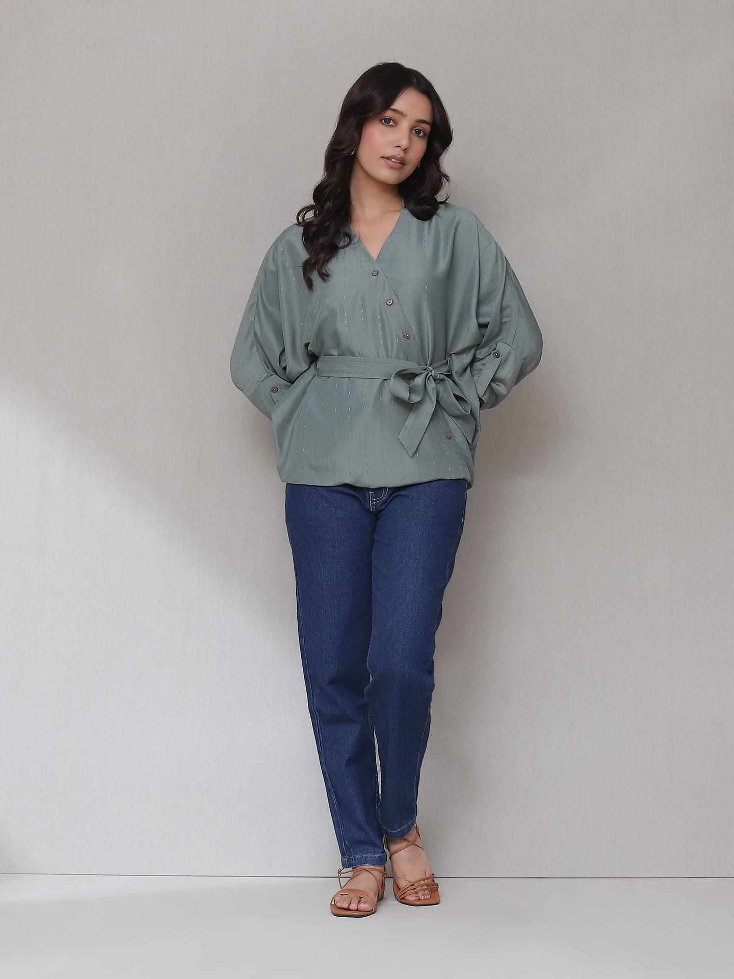Sage Green Turkish Solid Button-Down Top