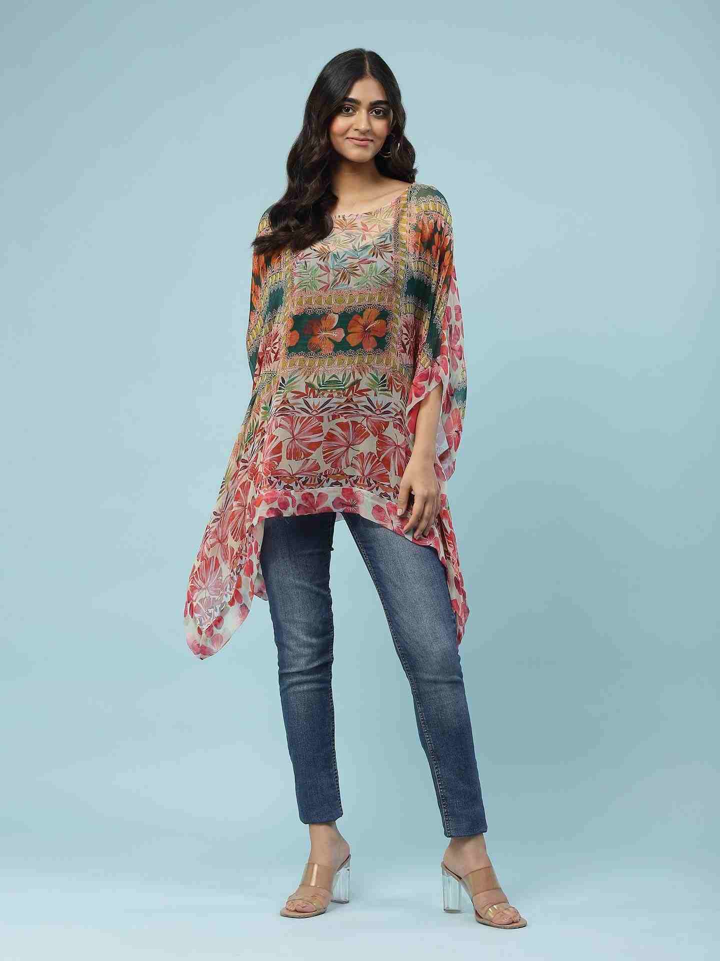 Multi Exotic Floral Kaftan Top