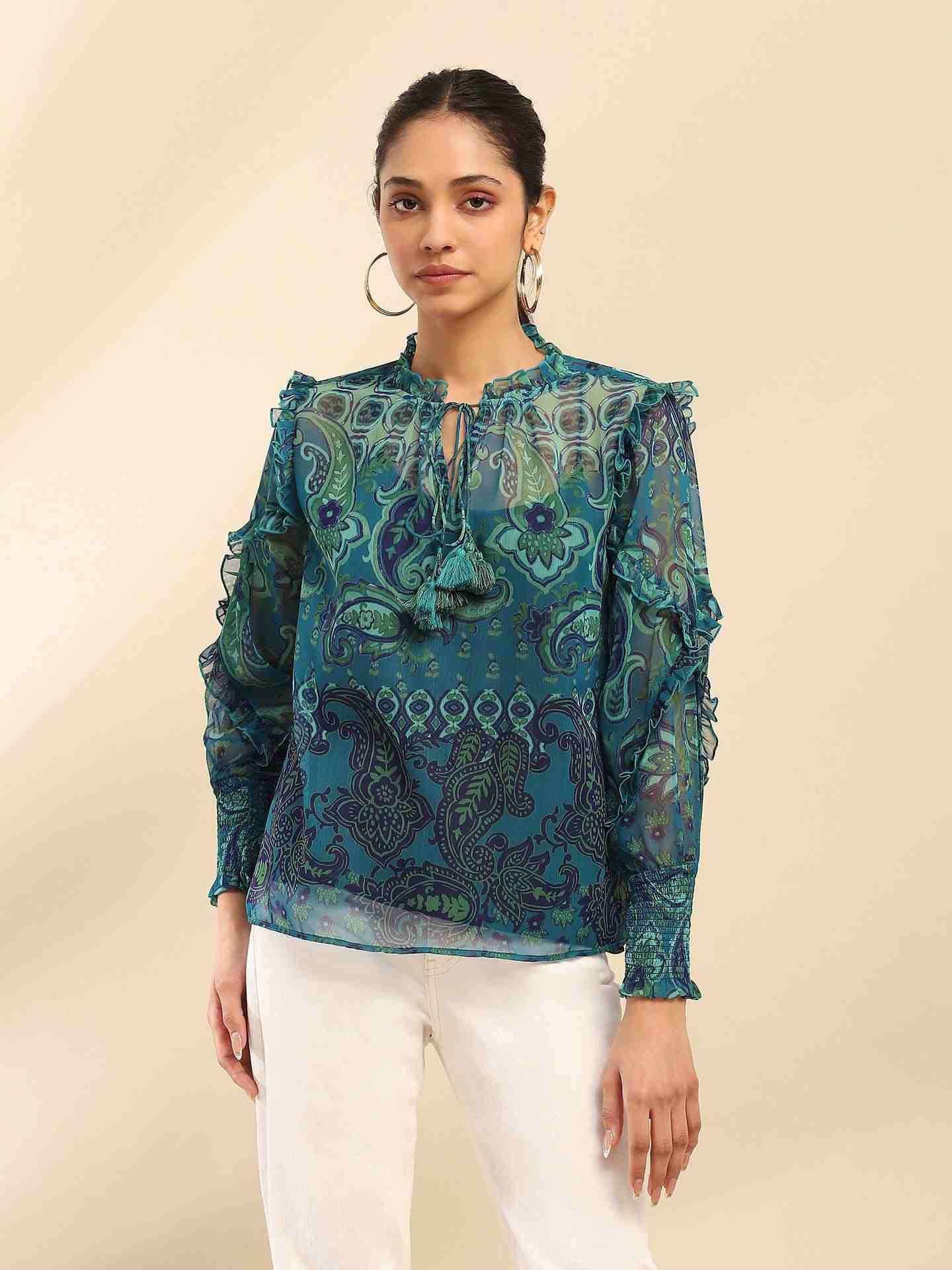 Denim Blue Cashmere Peasant Top