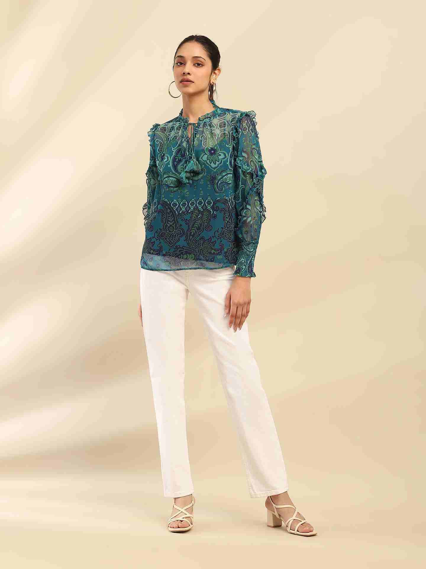 Denim Blue Cashmere Peasant Top