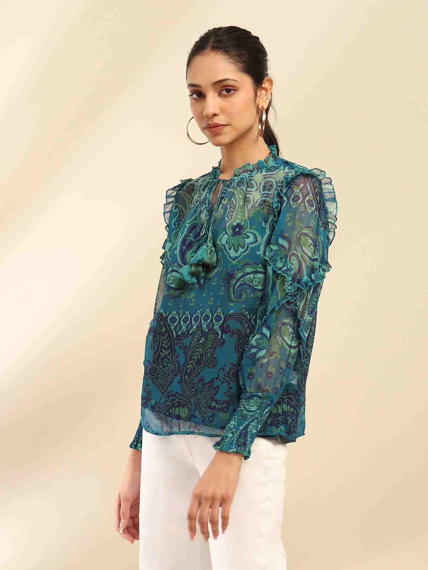 Denim Blue Cashmere Peasant Top