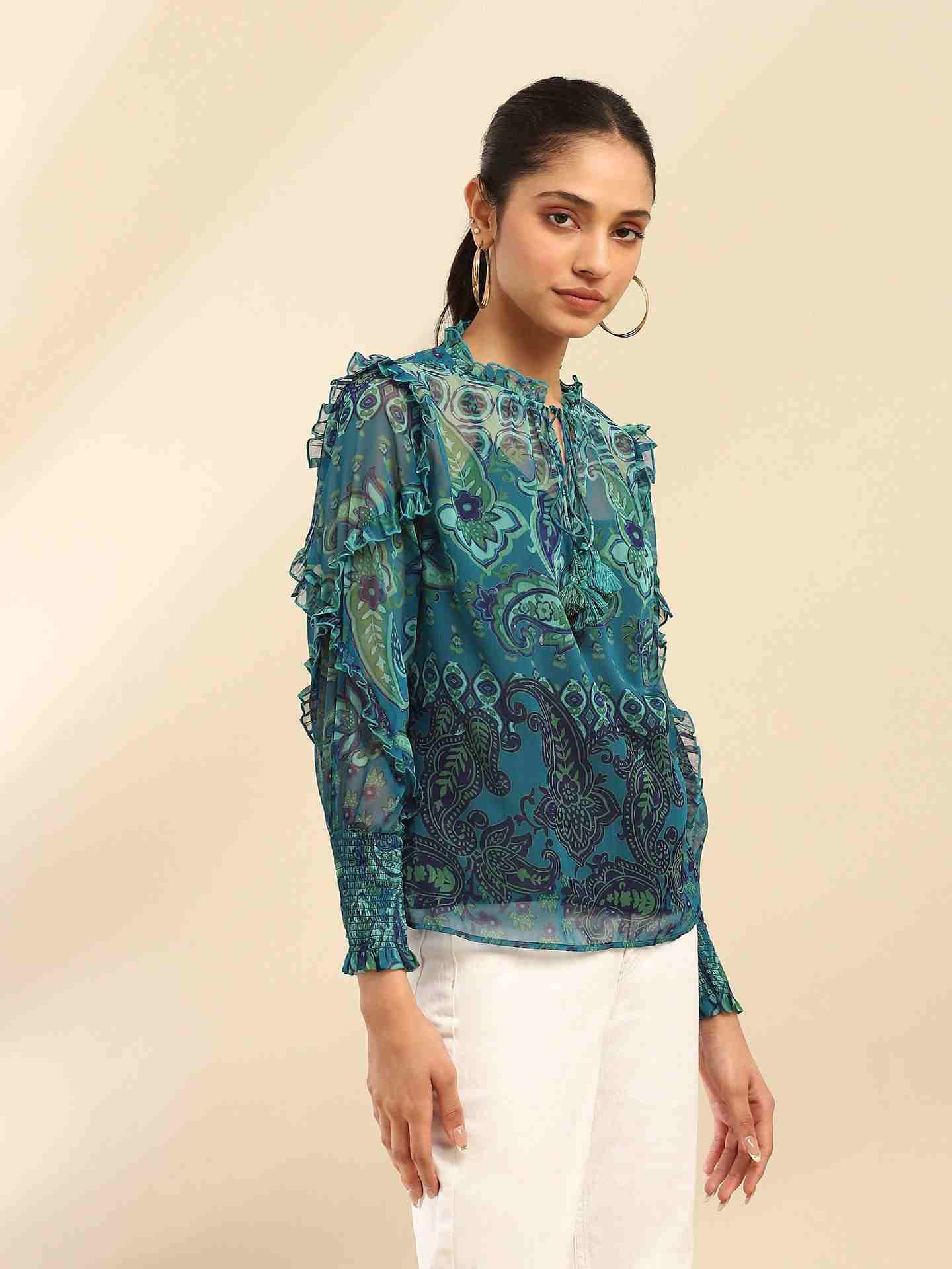 Denim Blue Cashmere Peasant Top