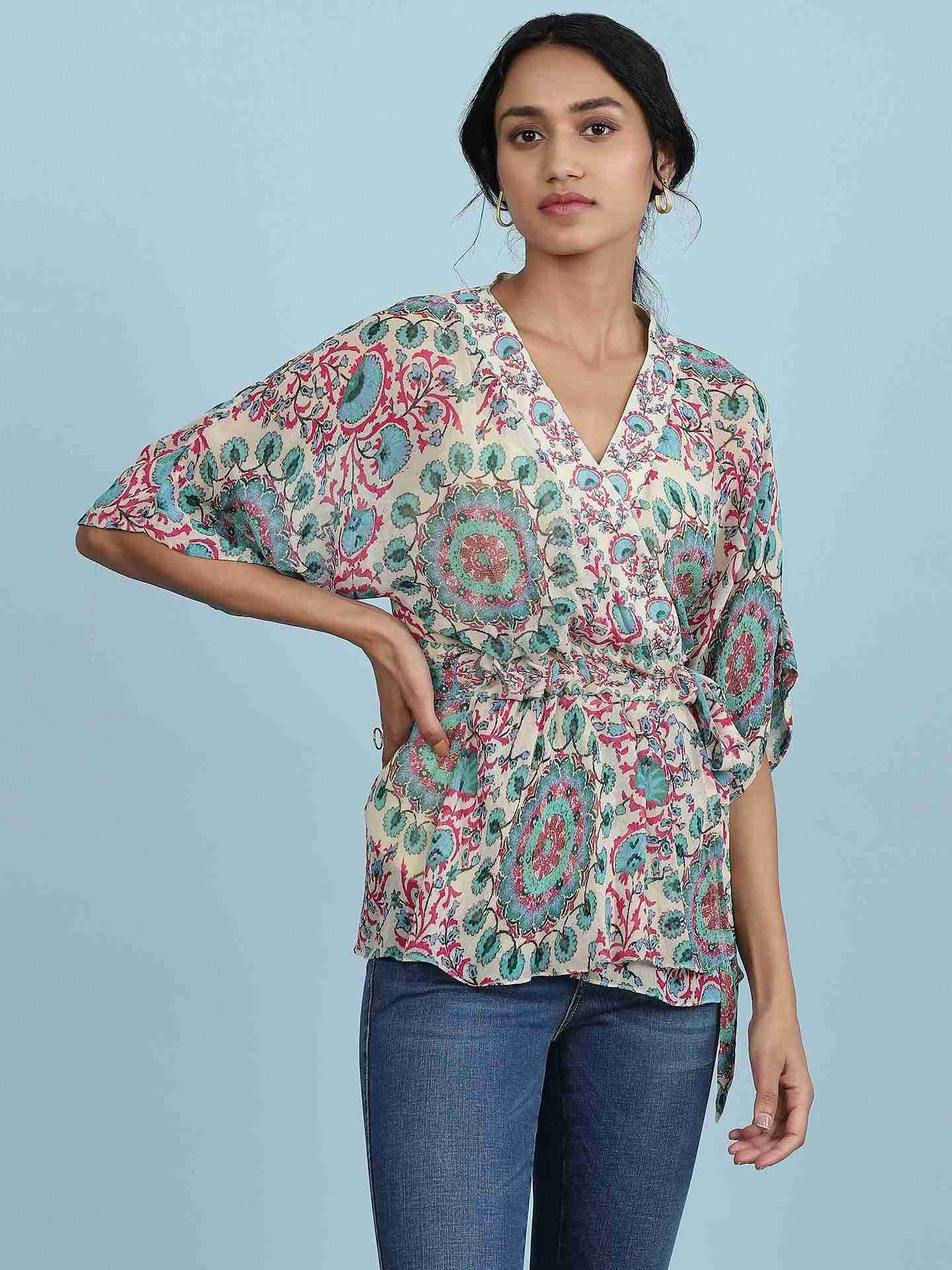 Ecru Suzani Print Wrap Top