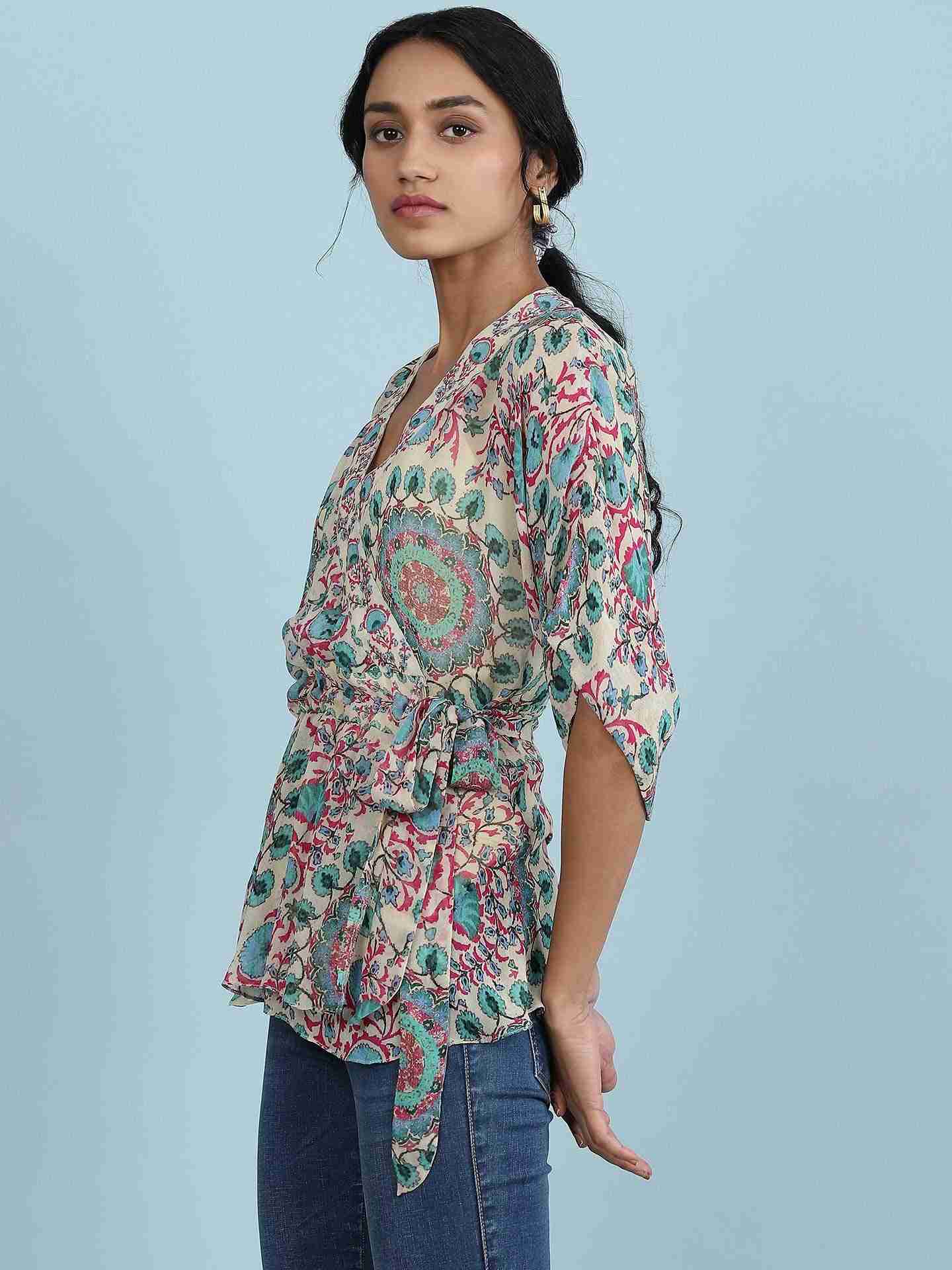 Ecru Suzani Print Wrap Top
