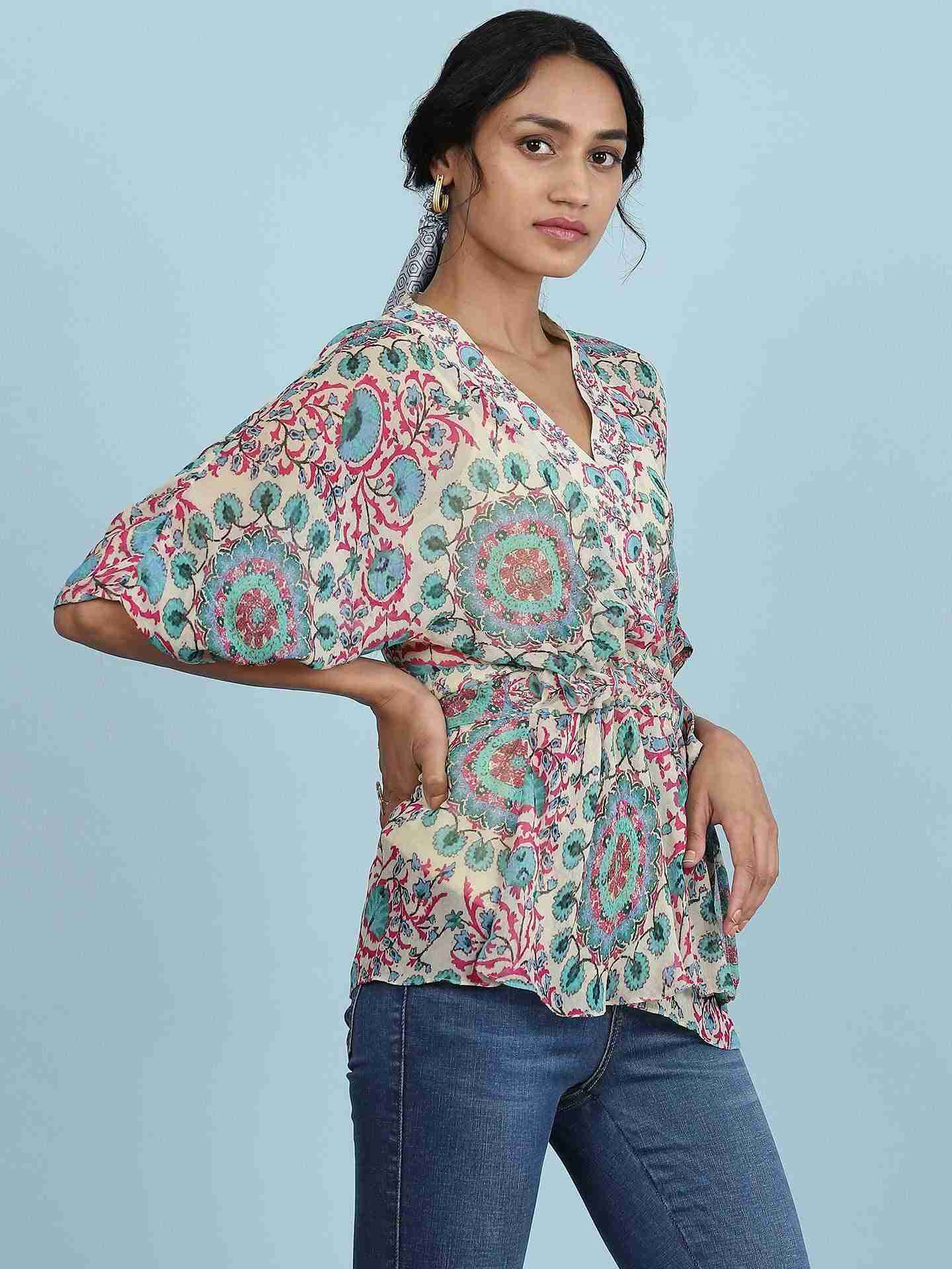 Ecru Suzani Print Wrap Top