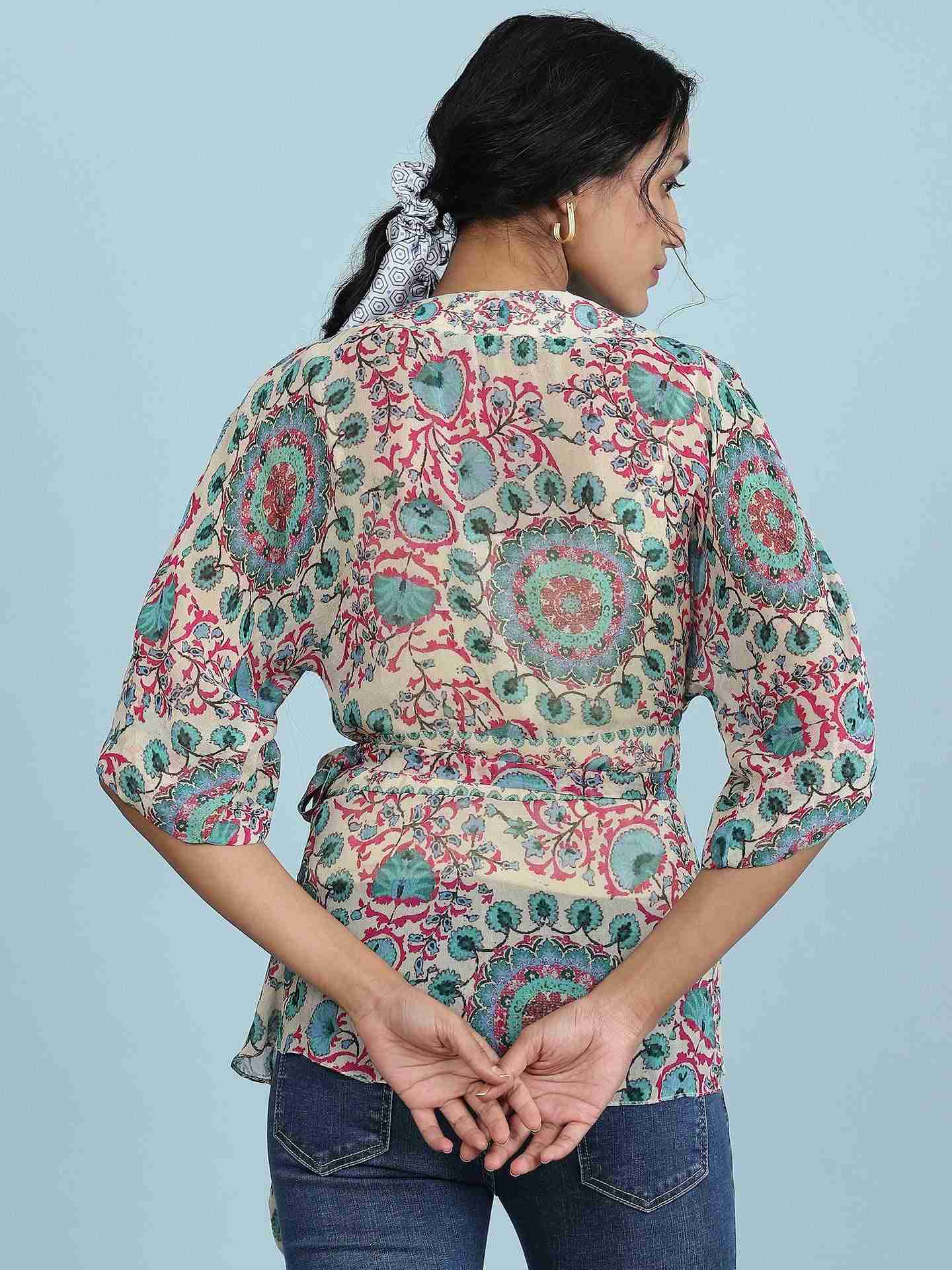 Ecru Suzani Print Wrap Top