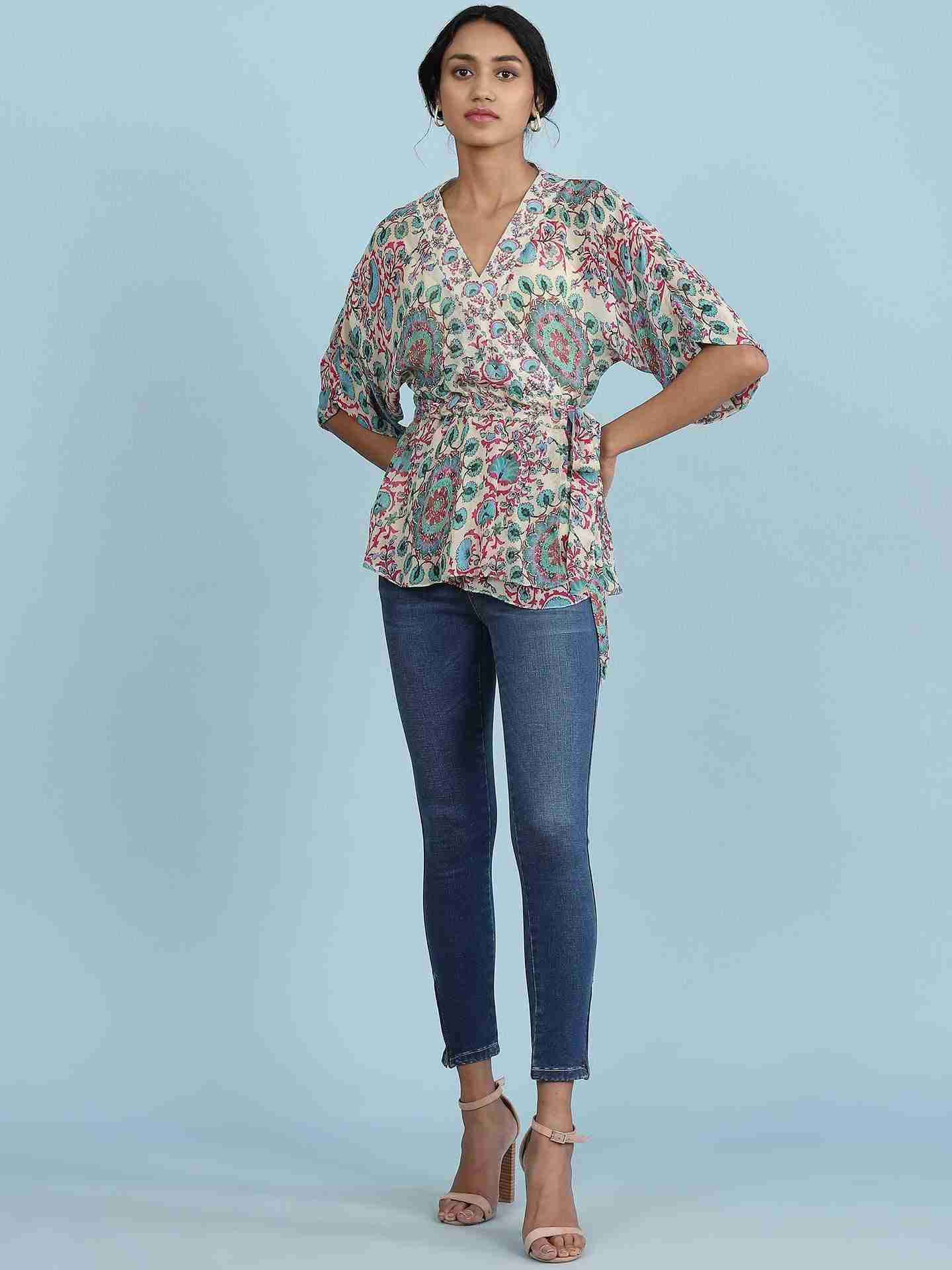 Ecru Suzani Print Wrap Top
