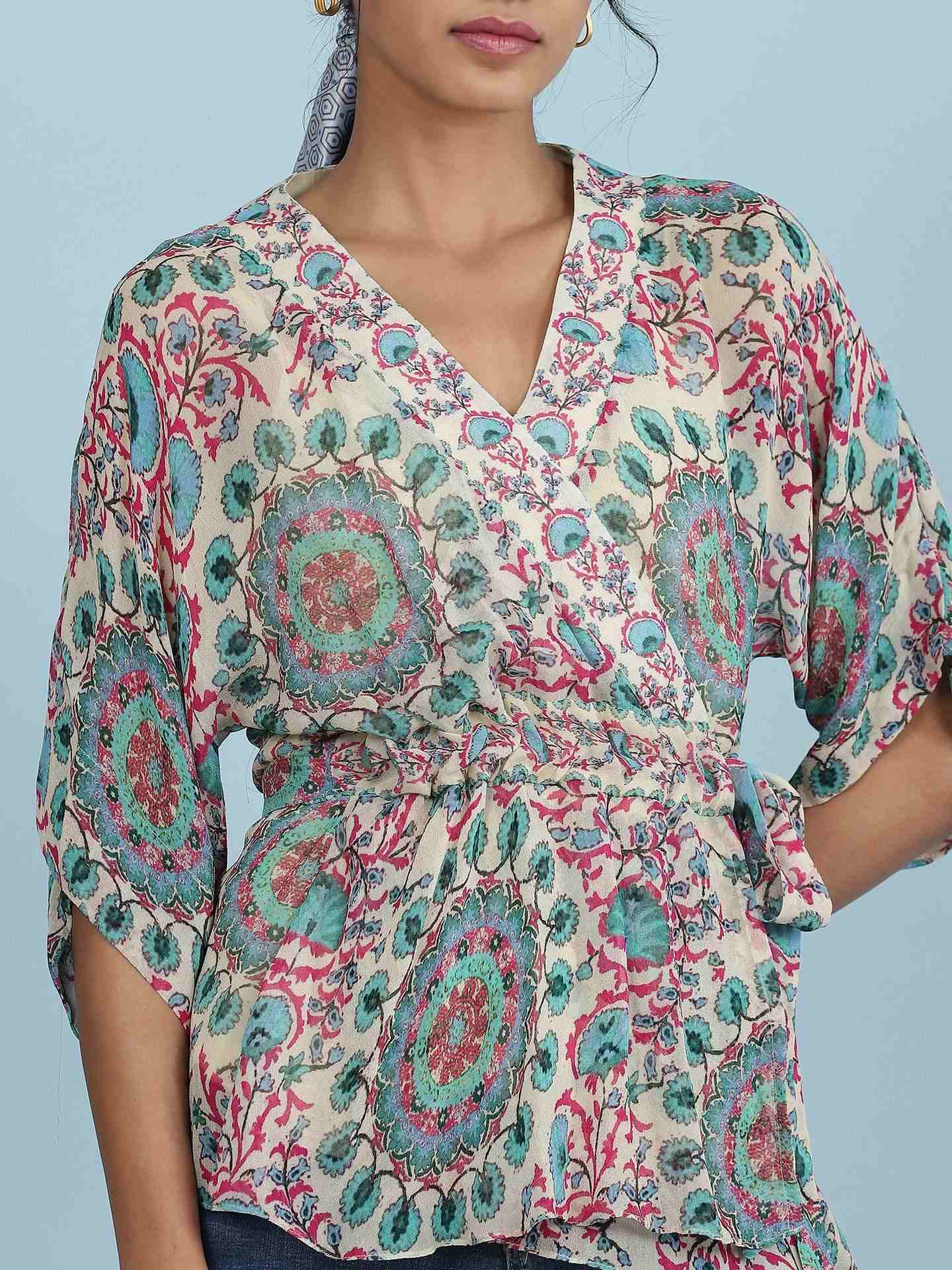 Ecru Suzani Print Wrap Top