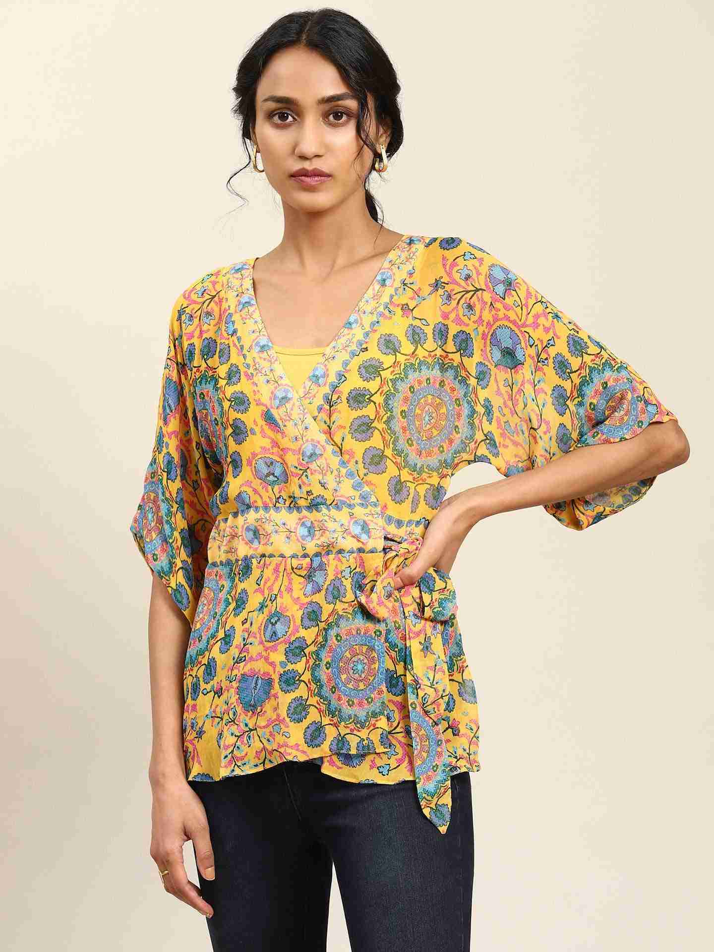 Yellow Suzani Print Wrap Top