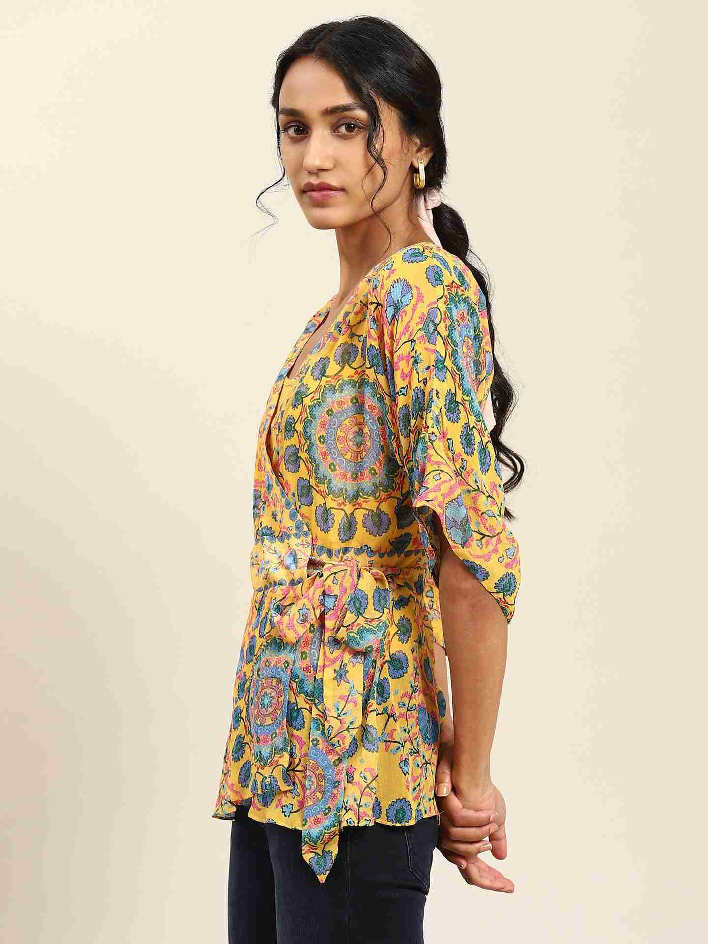 Yellow Suzani Print Wrap Top