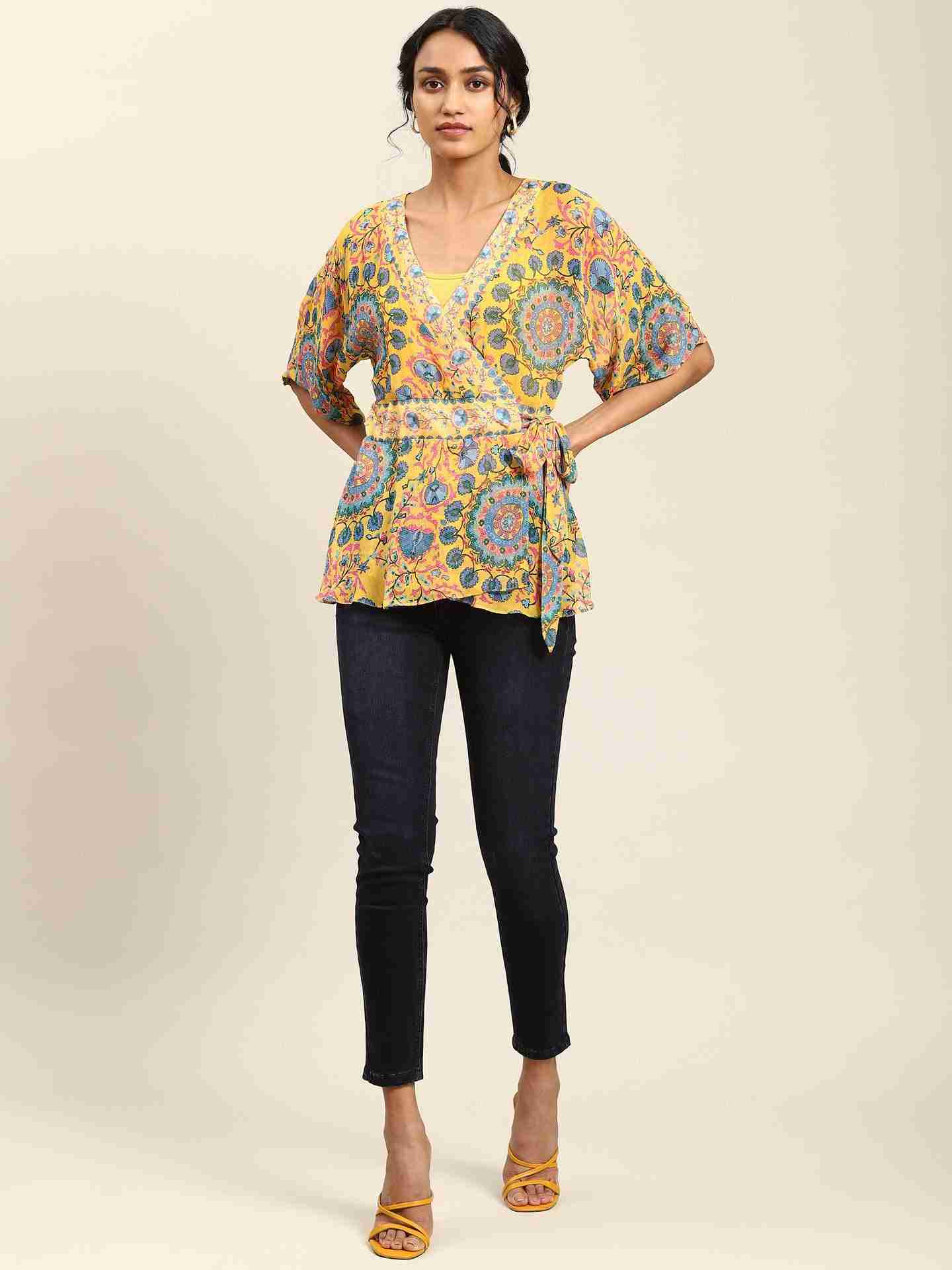 Yellow Suzani Print Wrap Top