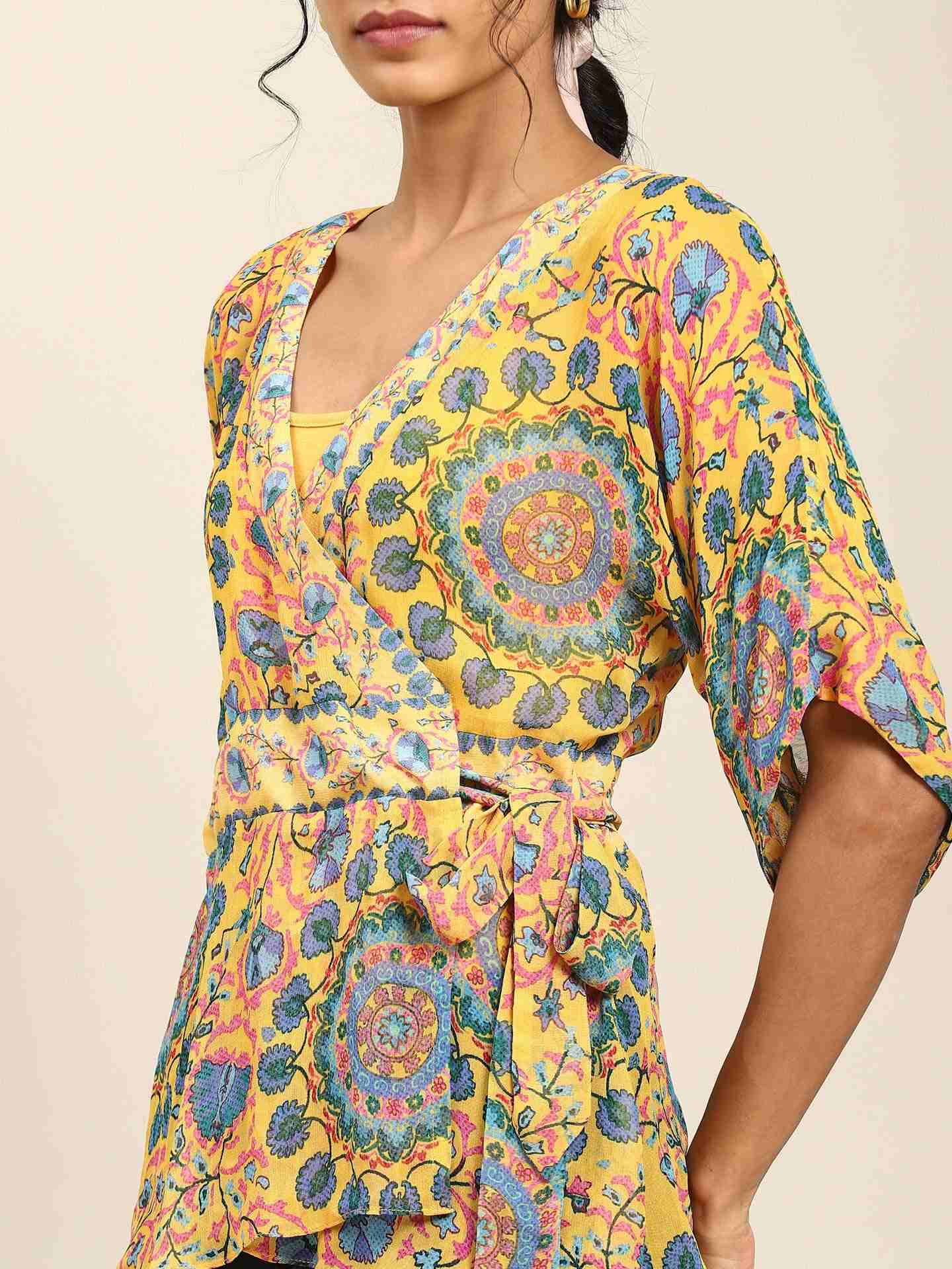 Yellow Suzani Print Wrap Top